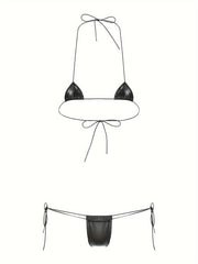 Jozibali halter bo'yinli ichki kiyim to'plami, brassi, ichki kiyim va orqasi ochiq dizaynni o'z ichiga oladi.