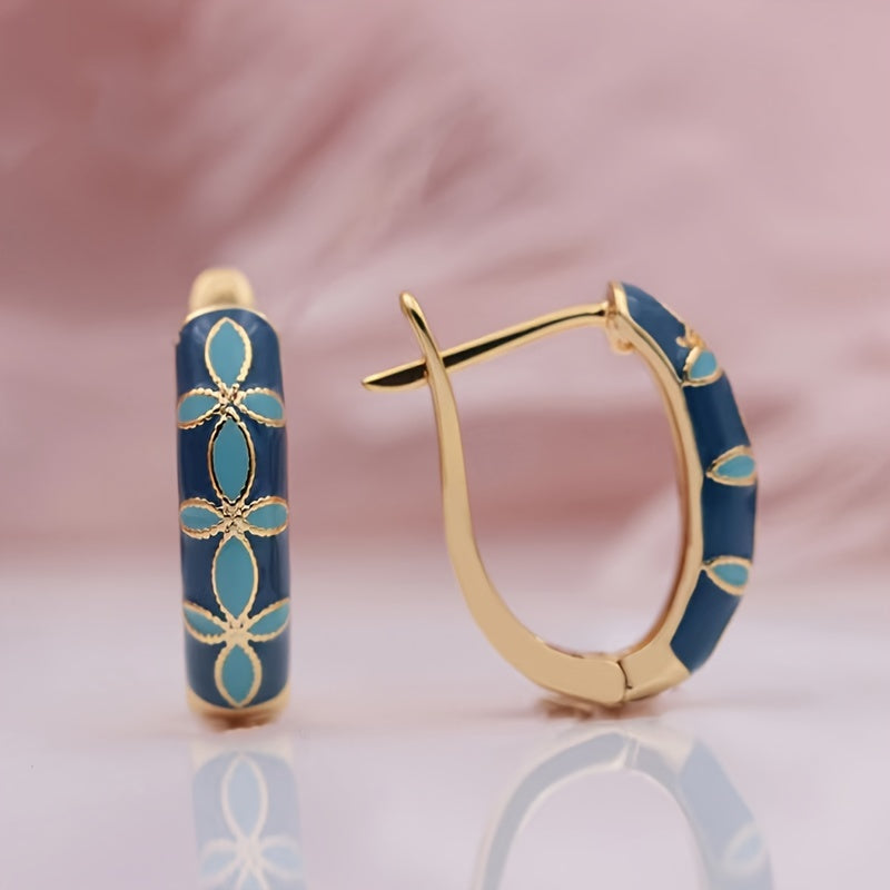 Vintage Inspired Blue Enamel Flower Hoop Earrings with Gold Bordered Copper Design