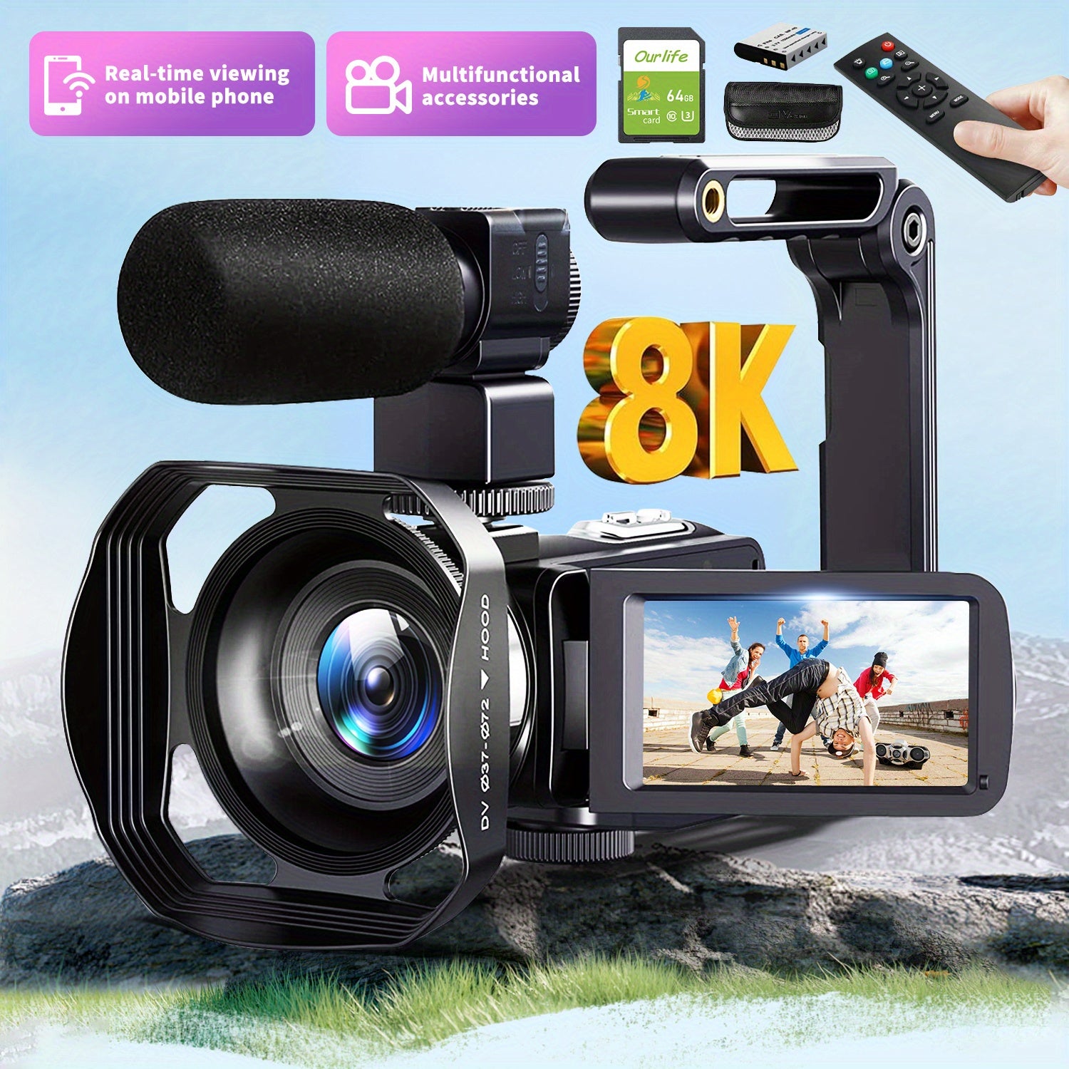 8K 64MP CMOS Action Camera with 18x Digital Zoom Night Vision Touchscreen WiFi Remote