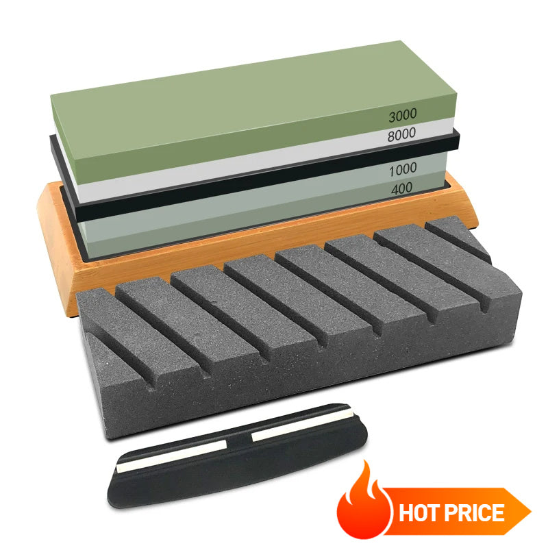 3-Piece Kitchen Knife Sharpening Set with Whetstone and Wooden Base
