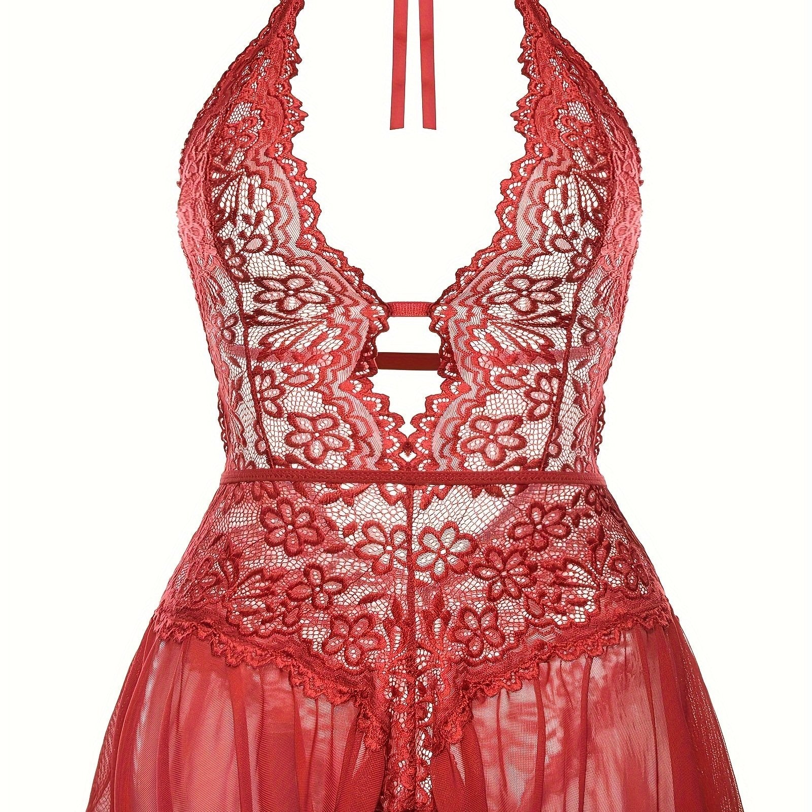 Women's Lingerie Bodysuit Floral Lace Plus Size Deep V Ruffle Halter