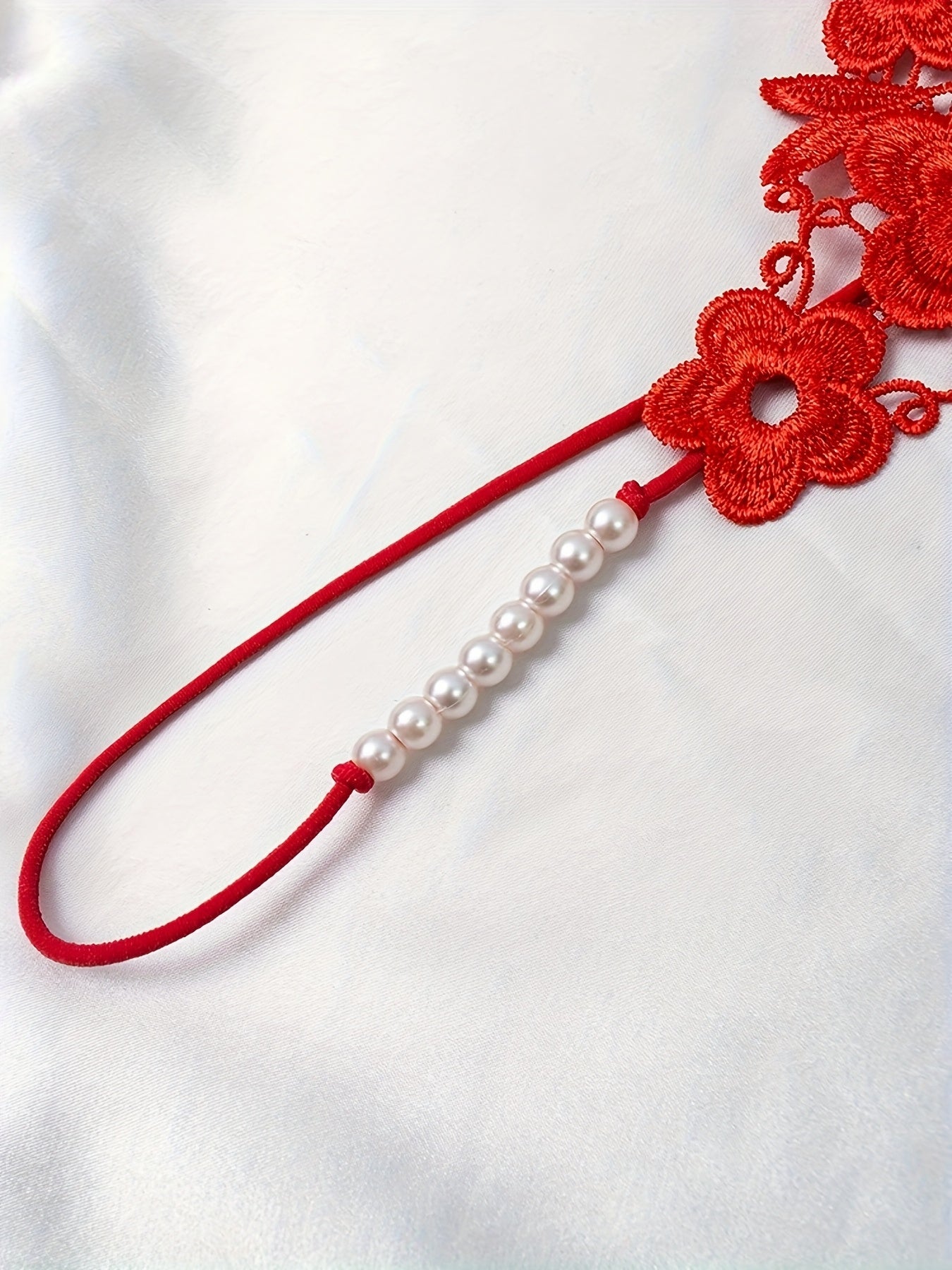 Women's Red Polyester Knit Thong Panties with Embroidered V-String and Drop Waist