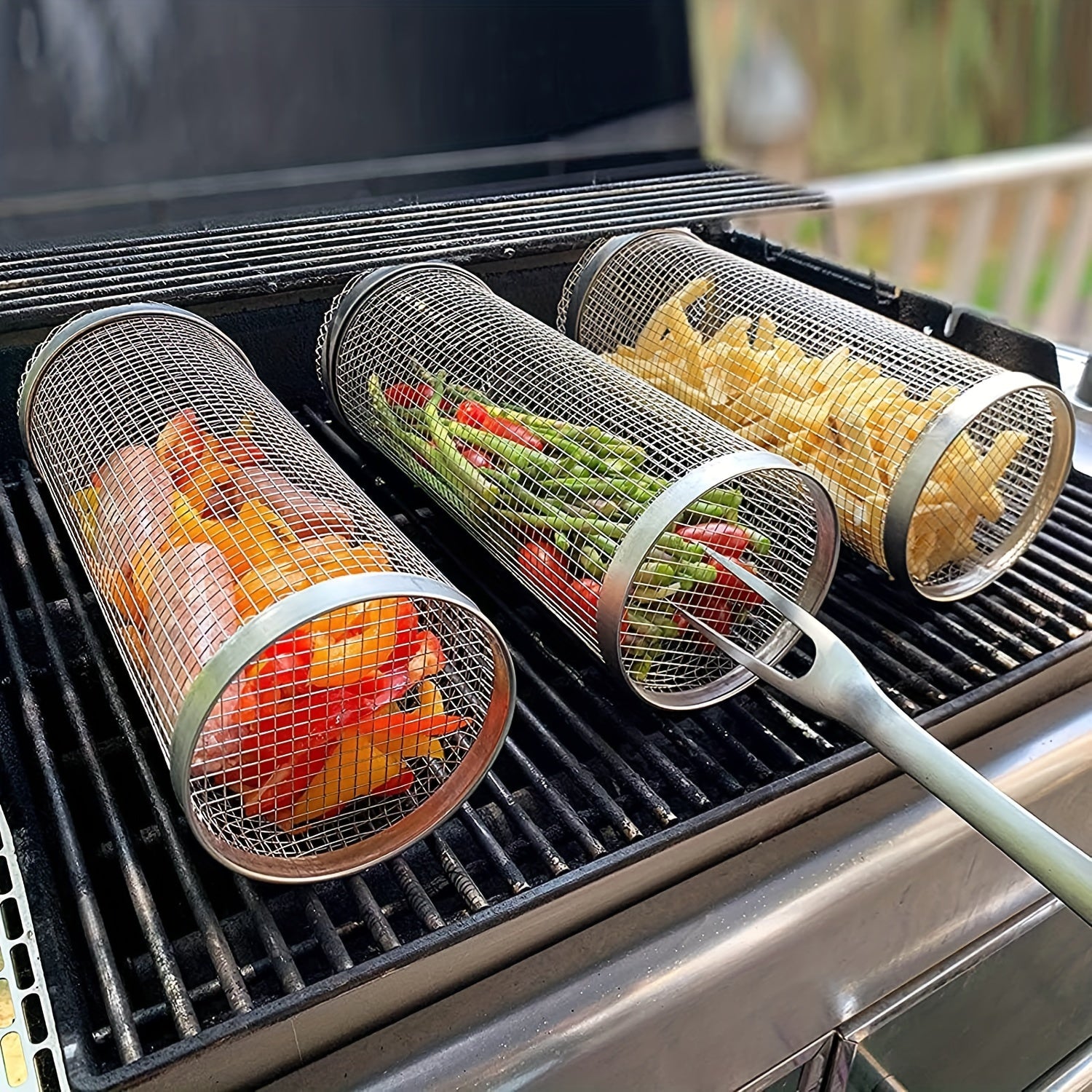 Large Stainless Steel Rolling Grilling Basket for Outdoor BBQ and Camping