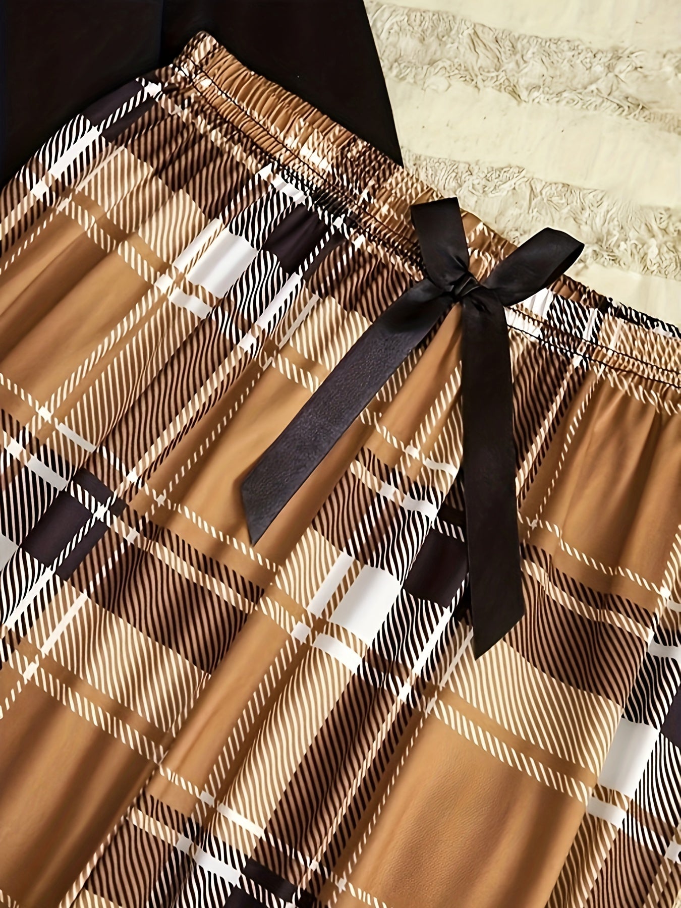 Women's Teddy Bear Print Pajama Set Long Sleeve Top and Plaid Pants Sleepwear