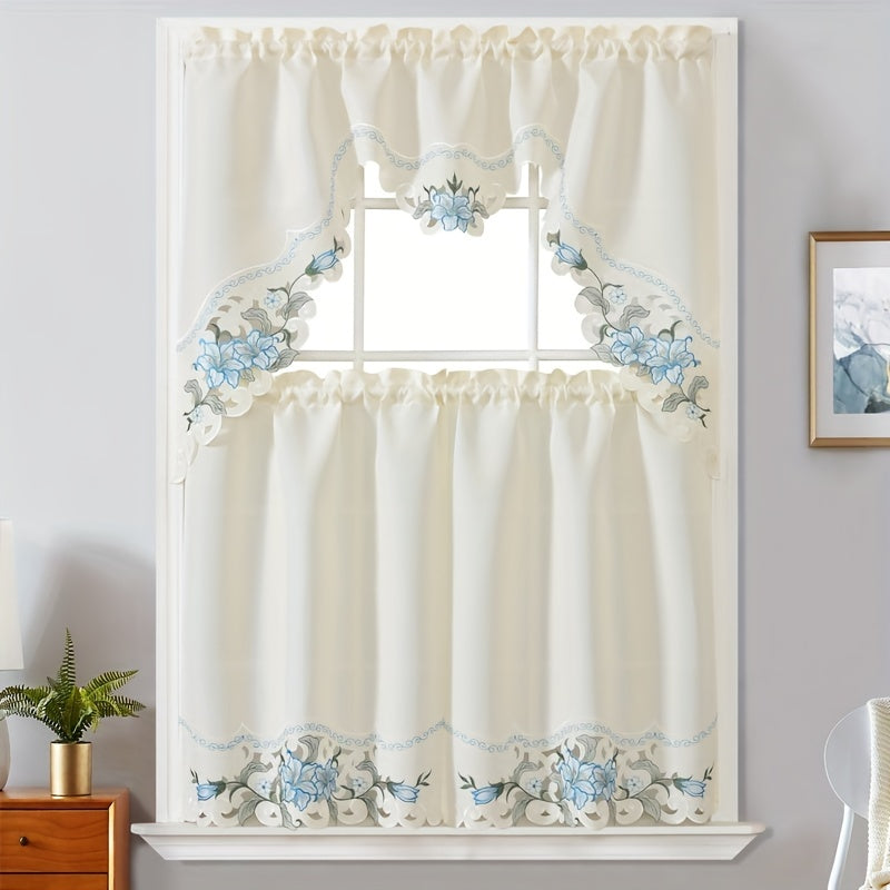 3-Piece Beige Floral Embroidered Polyester Window Curtains for Bedroom Living Room Kitchen