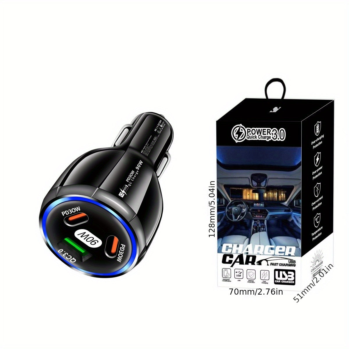 90W Car Charger with USB Type C PD and Quick Charge 3.0 Fast Charging