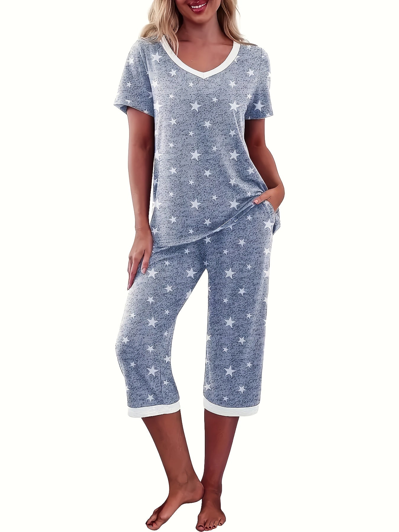 Women's Star Print V-Neck Short Sleeve Loungewear Set with Pockets