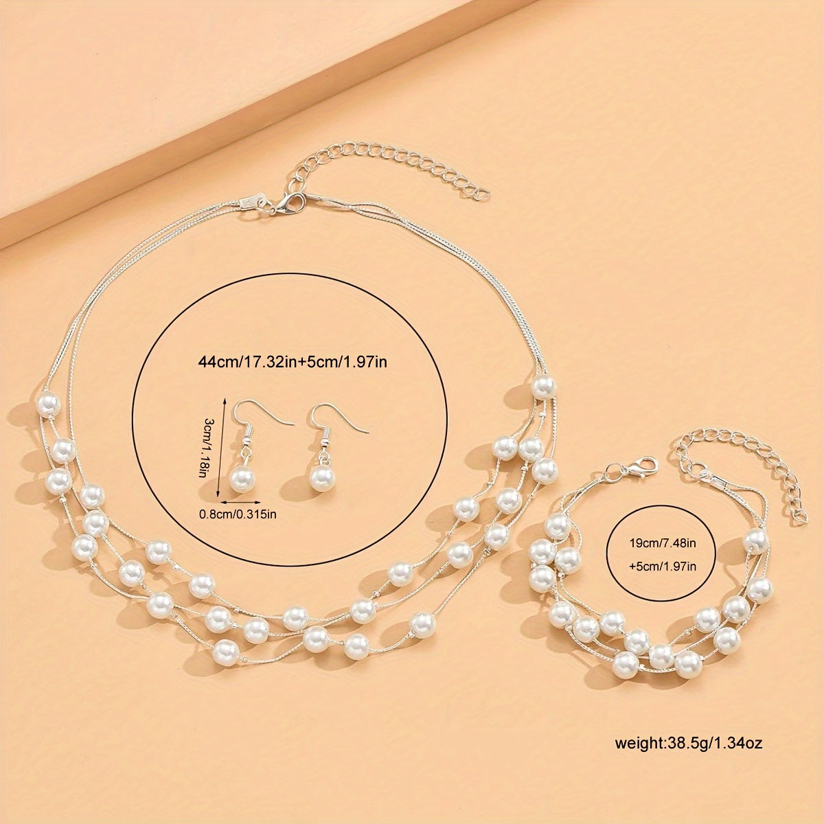 Gold and Silver Pearl-Style Jewelry Set with Necklace Bracelet and Earrings