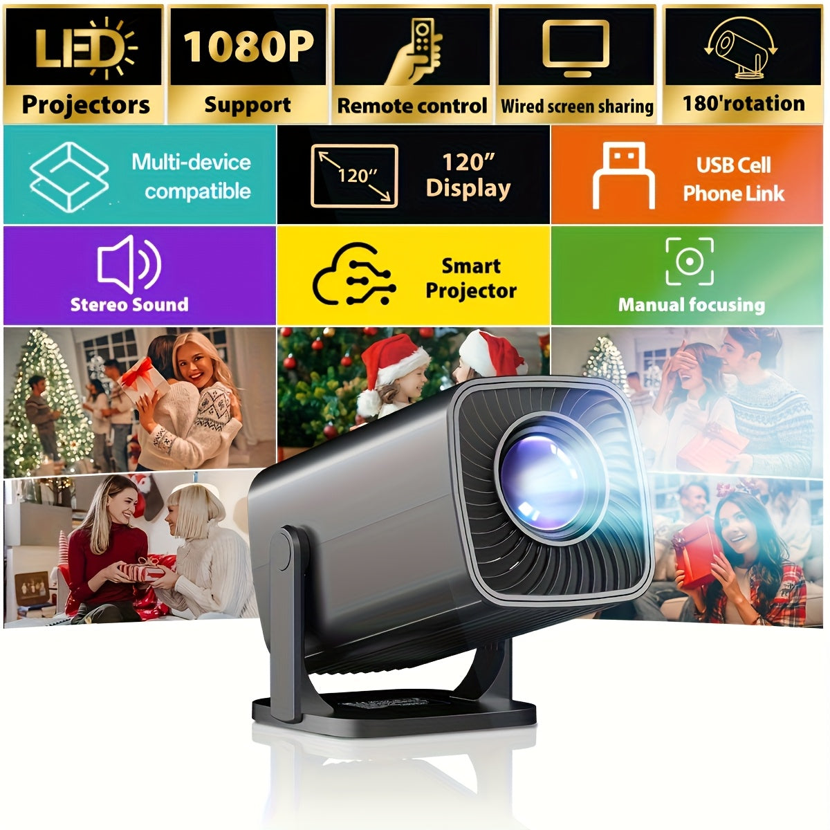 Proyector inteligente portátil para cine en casa, oficina y reuniones, rotación de 180°