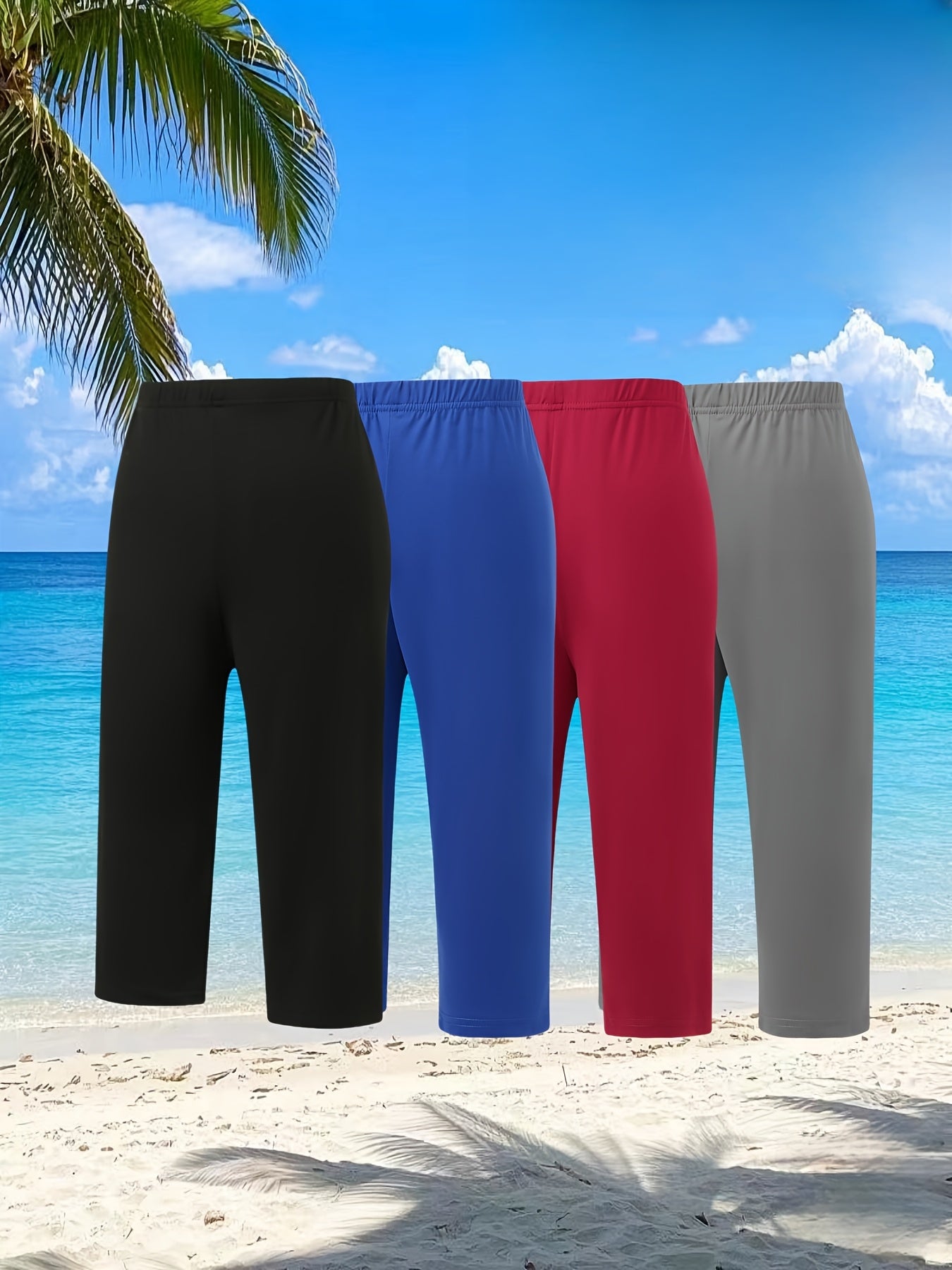 Women Plus Size Capri Leggings High-Waist Stretchy Solid Colors Summer Beach Casual