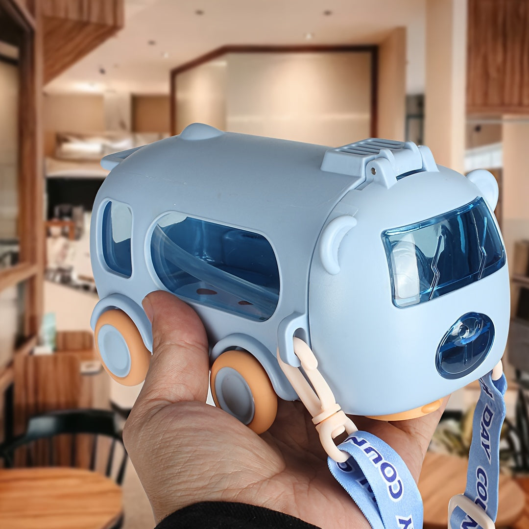 Kids' Plastic Bus-Shaped Water Bottle with Straw for School and Travel