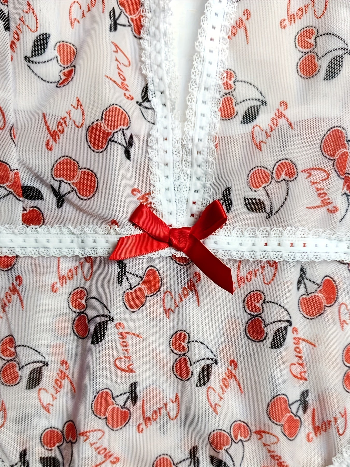 Women's Cherry Print Deep V Body Suit Short Sleeve Summer Fashion