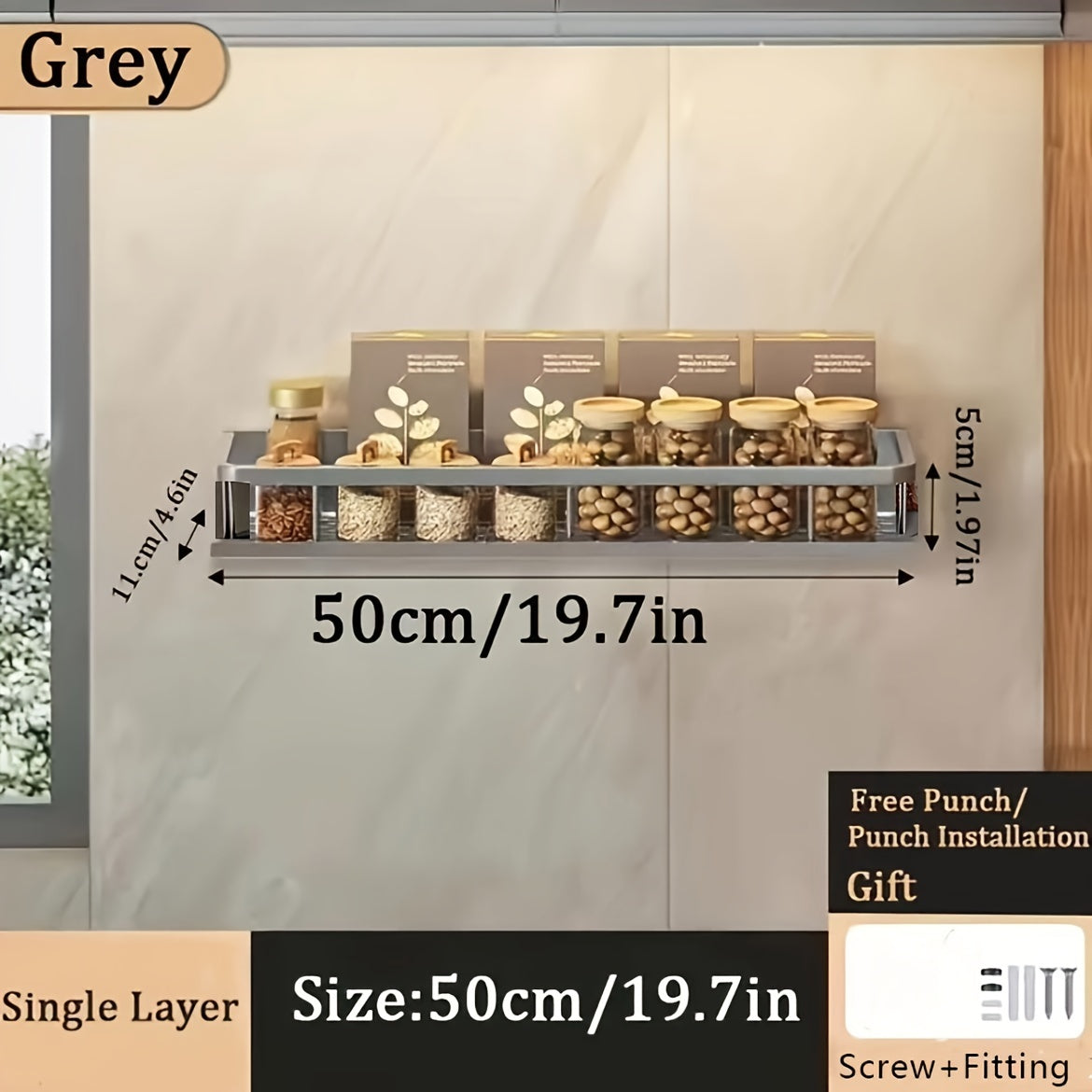 Aluminum Wall-Mount Spice Rack Kitchen Organizer for Spices and Cookware