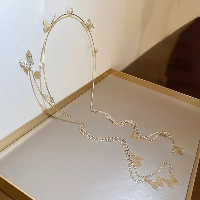 Faux Pearl Butterfly Headband with Tassel for Women Hair Accessory Stylish Jewelry