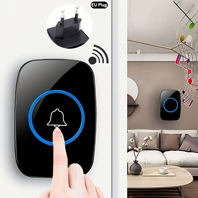 Wireless Home Doorbell with Plug-in Receiver 304.8m Range Adjustable 110dB Volume 60 Melodies LED Flashing Light European Plug