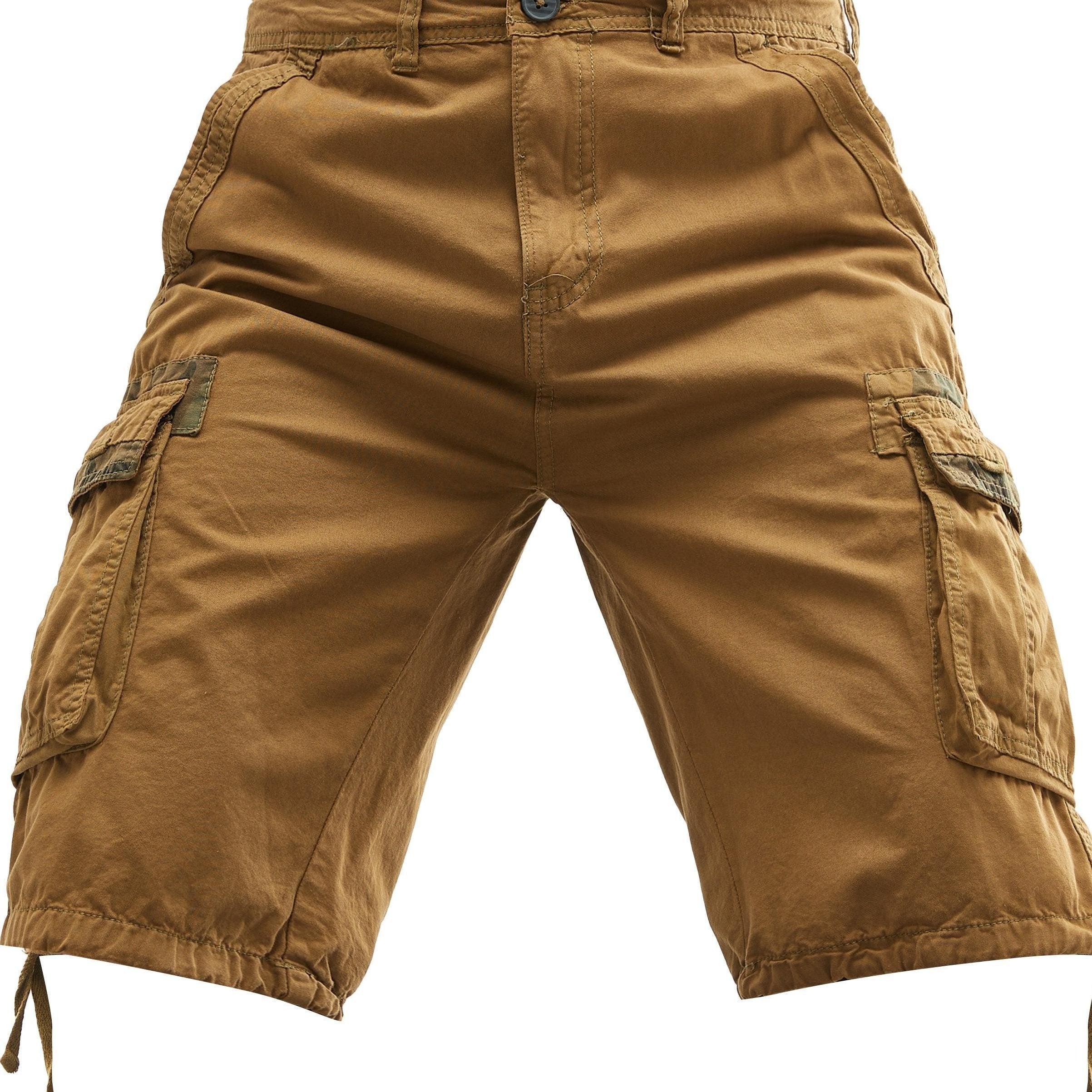 Erkaklar uchun ortiqcha kattalikdagi paxta yuk shortlari, cho'zilmaydigan, bir nechta cho'ntaklar, bir rangda, keng kesimda va to'qilgan mato.