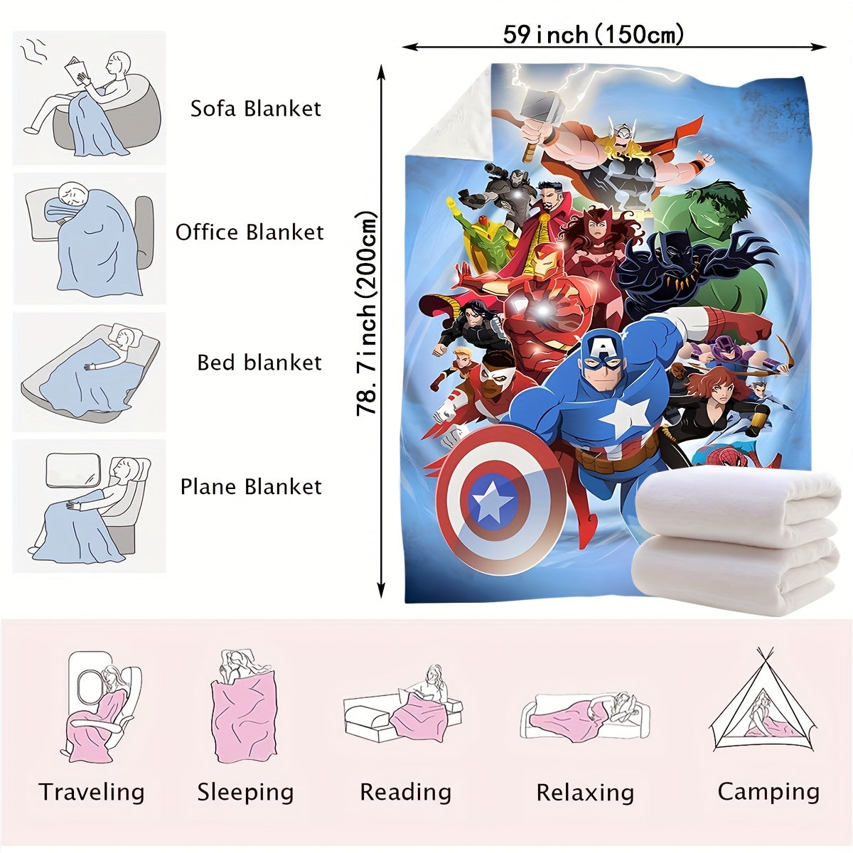 Superhero Throw Blanket for Kids and Adults Soft Cozy Lightweight Multicolor
