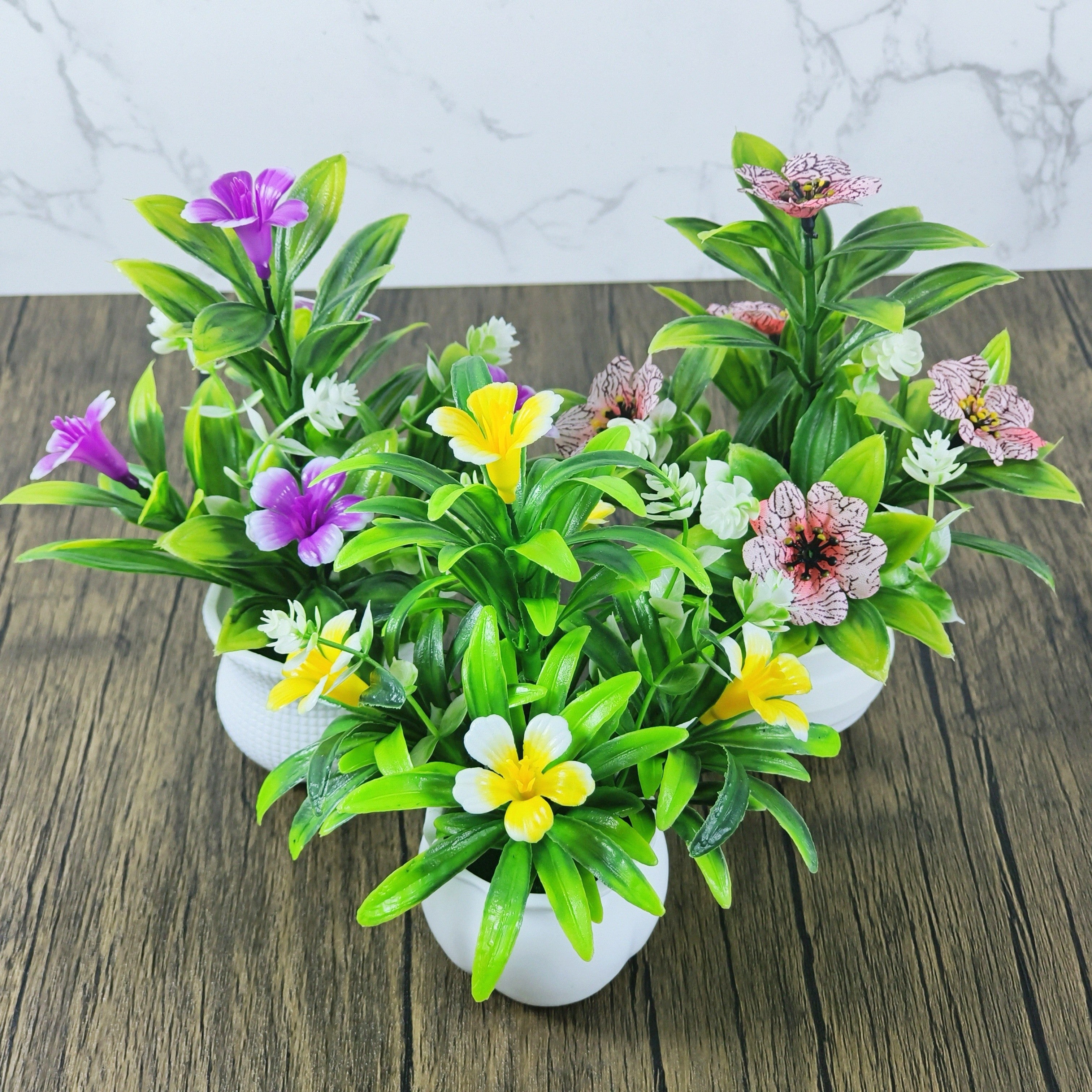 Set of 3 Mini Artificial Potted Plants White Pots Home Decor Office Tabletop Indoor