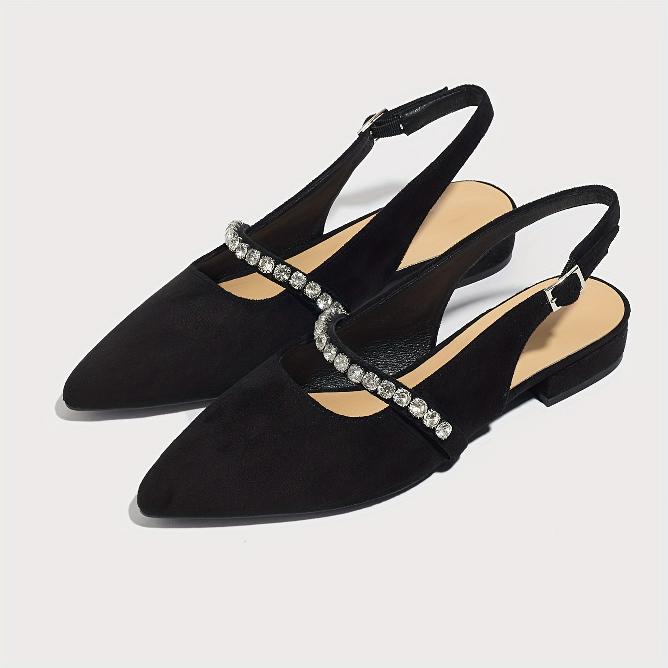 Women's Black Mary Jane Flats with Rhinestone Buckle Pointed Toe