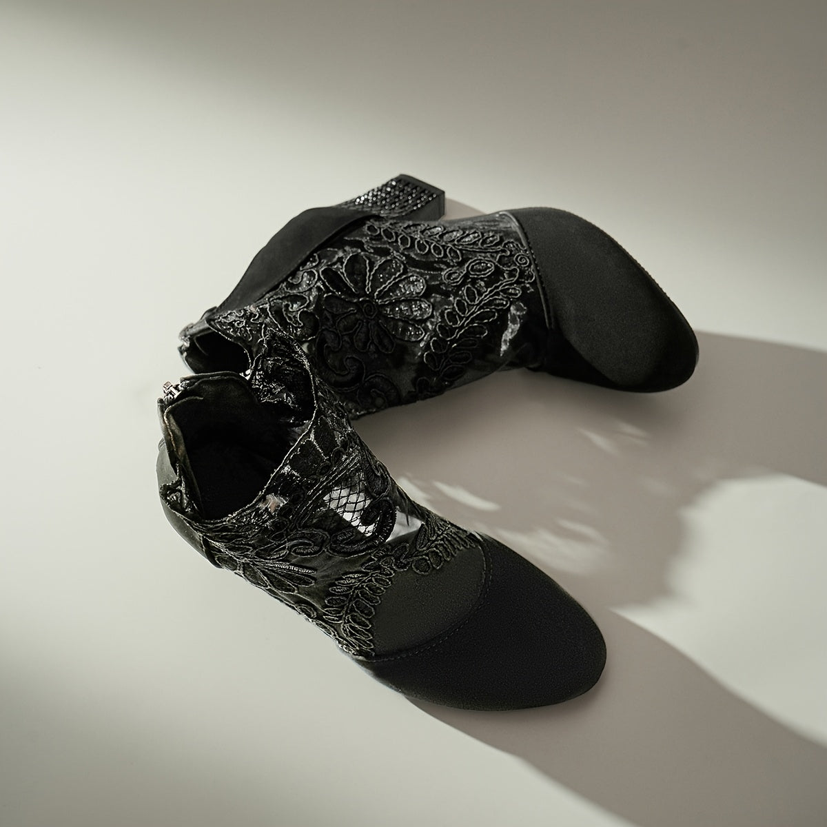 Women's Faux Cover Lace Trim Chunky Heel Ankle Boots Black Floral