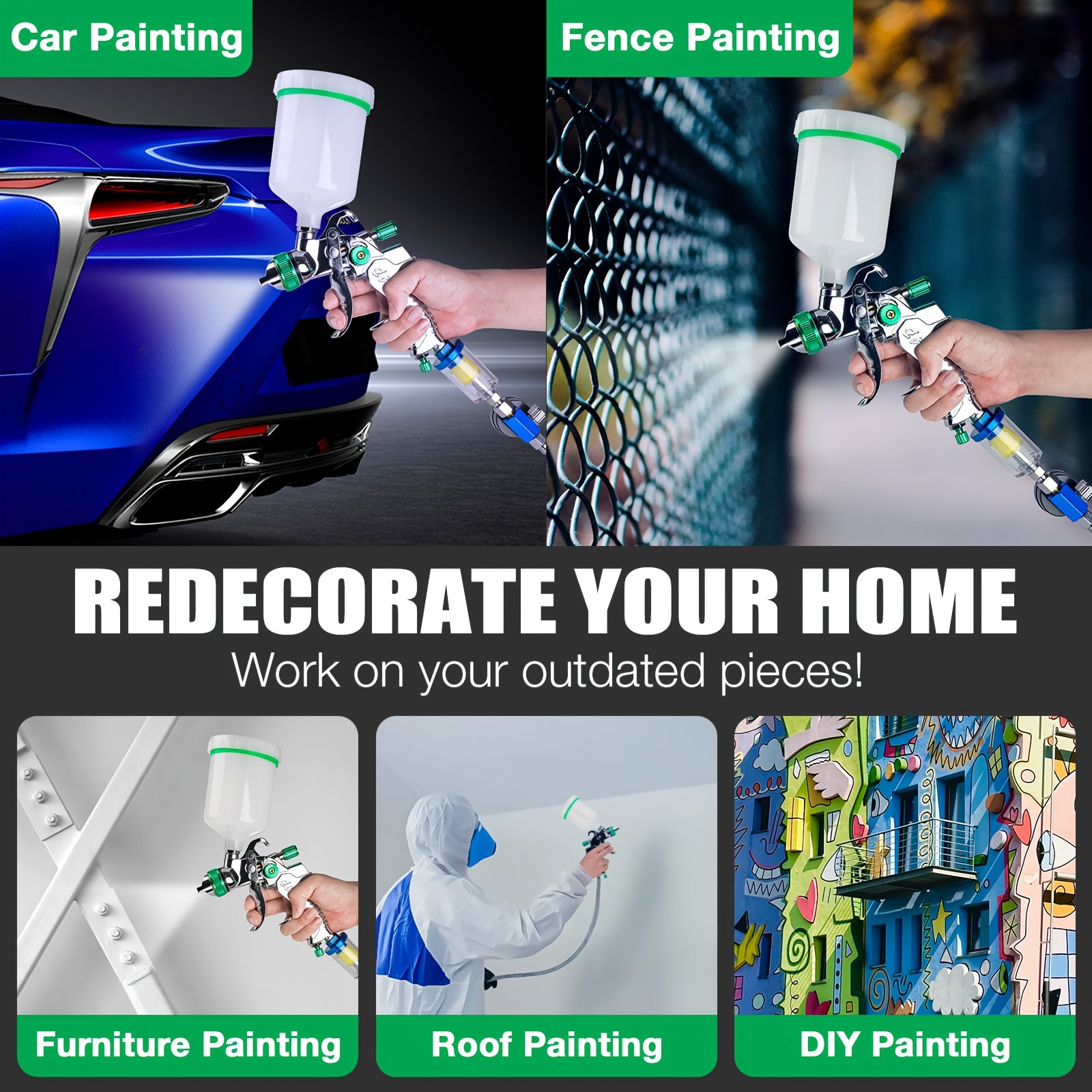 Green Stainless Steel HVLP Spray Gun with 1.4/1.7/2.0mm Nozzles and 600cc Cup