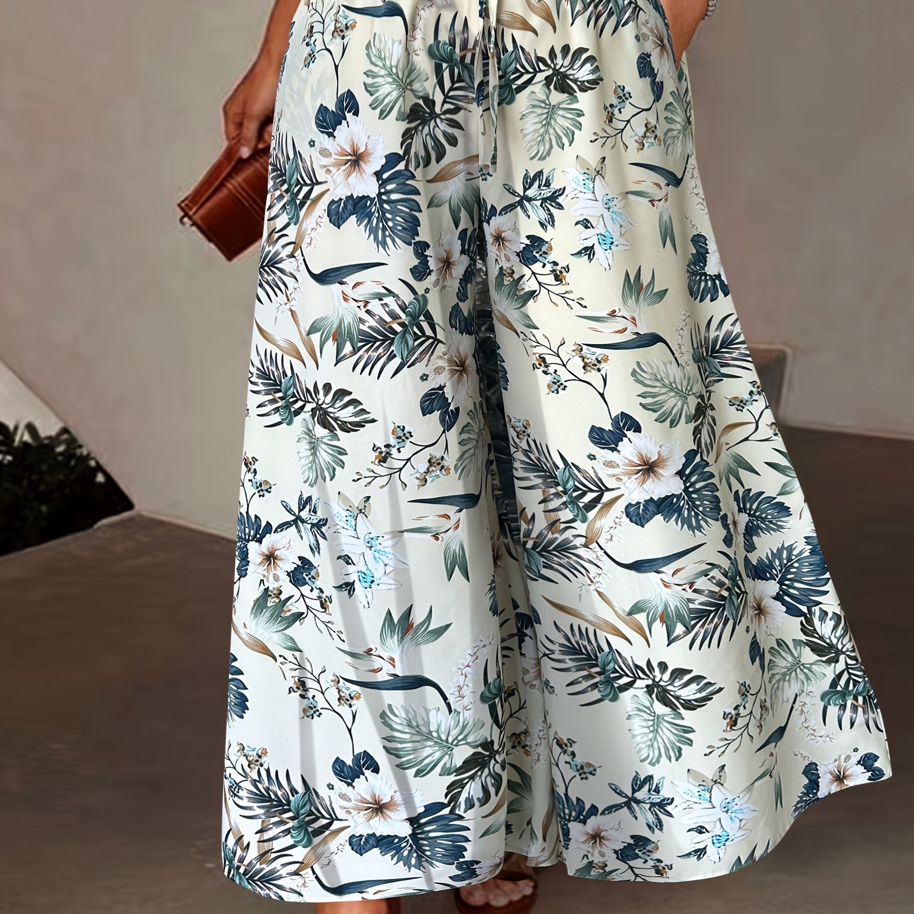 Women's Plus Size Floral Wide Leg Pants Elastic Waist Pockets