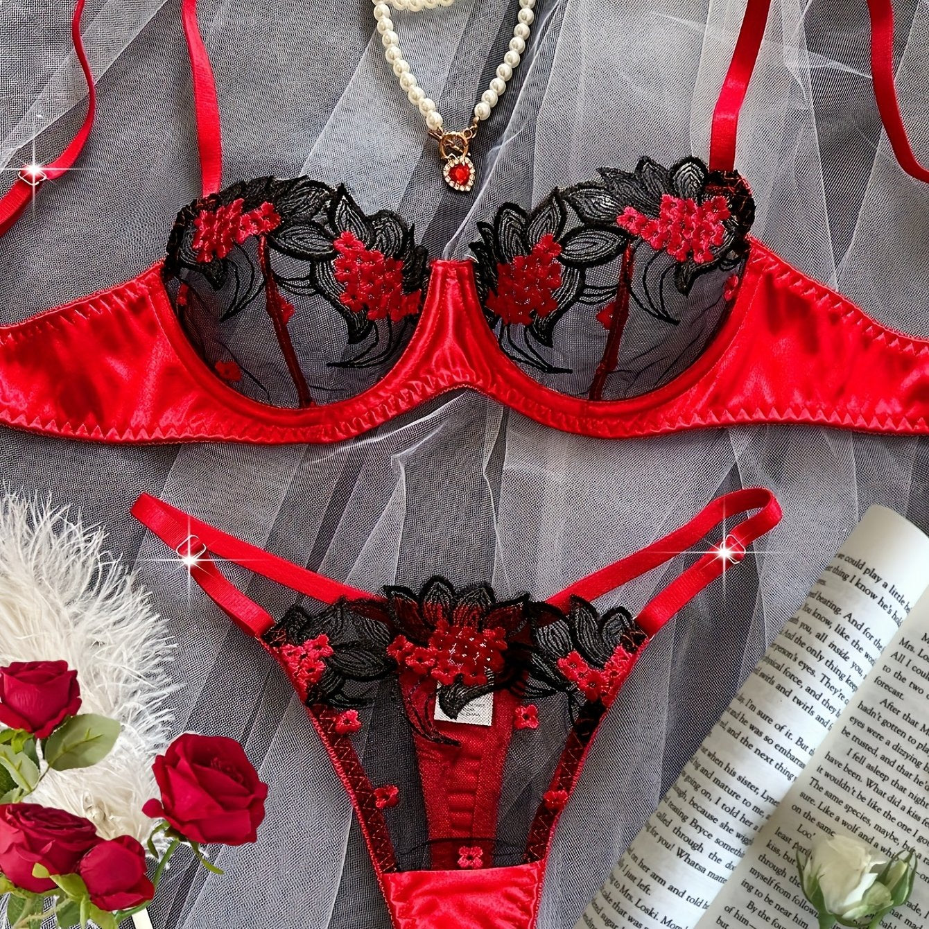 Women's Floral Embroidered Mesh Lingerie Set with Medium Support for Dating and Parties