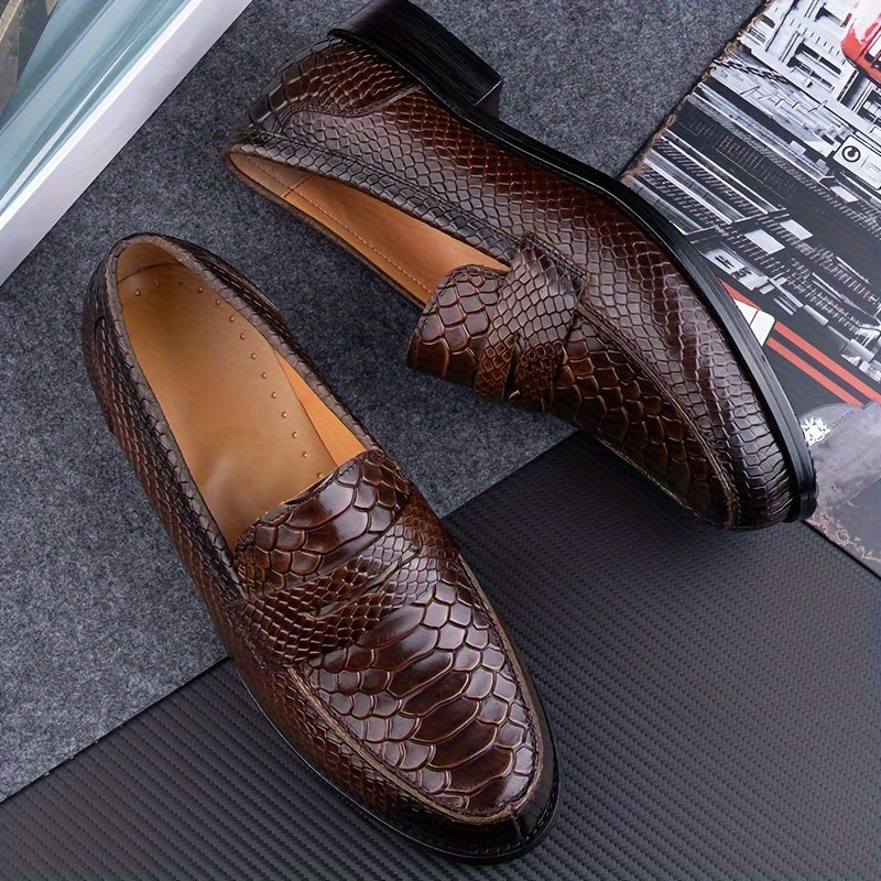 Men's Leather Loafers Casual Slip-On Shoes with Embossed Design and Rubber Sole