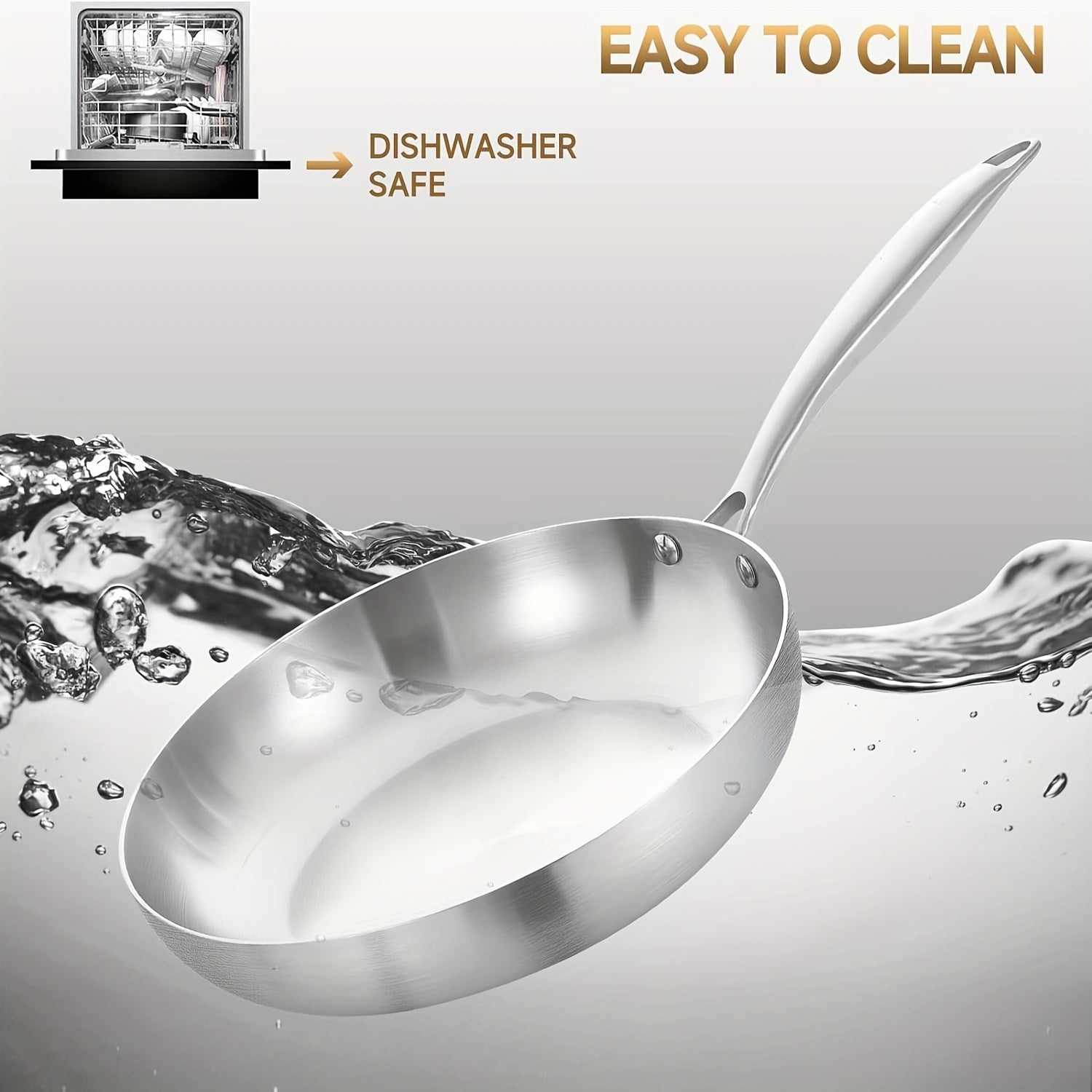 Premium zanglamas po'latdan yasalgan uchta o'lchamdagi qovurish panasi, bir xil issiqlik taqsimoti uchun uch qatlamli asos bilan, ergonomik tutqich va yopishmaydigan qoplama bilan - barcha plitalar uchun mos, tozalash oson.