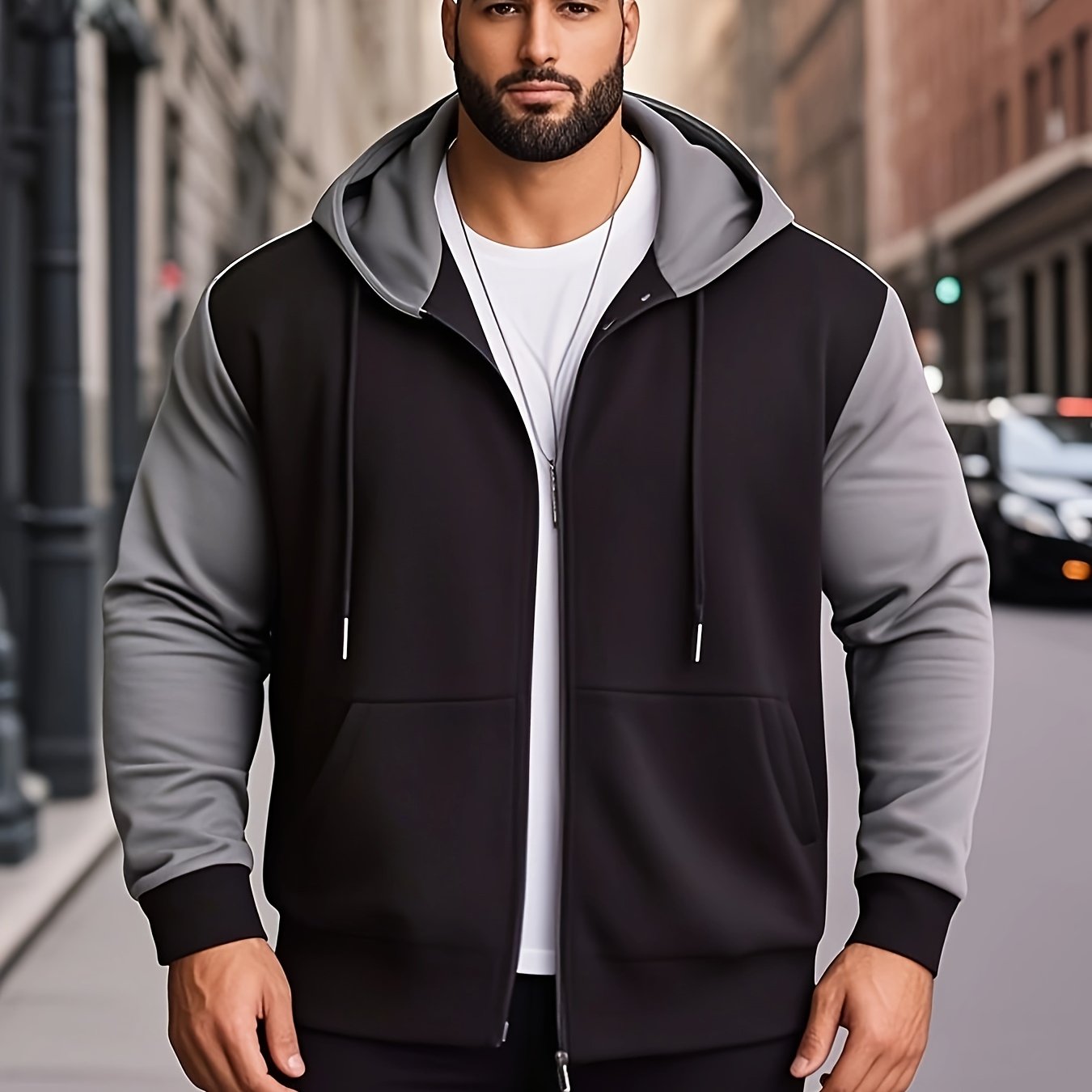 Erkaklar uchun plussiz rangli blokli kapüşonli kurtka - zamonaviy va qulay polyester fermuarlı, cho'ntakli, tasodifiy kapüşonli sviter, mashinada yuvish mumkin.