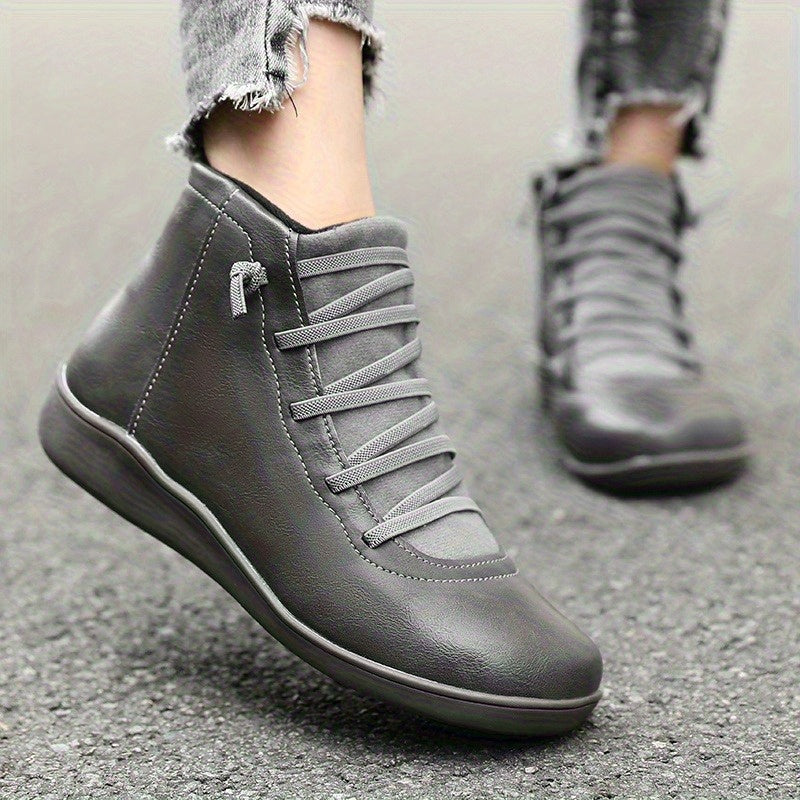 Women's Casual Ankle Boots Brown PU Low Heel Round Toe Lace-Up