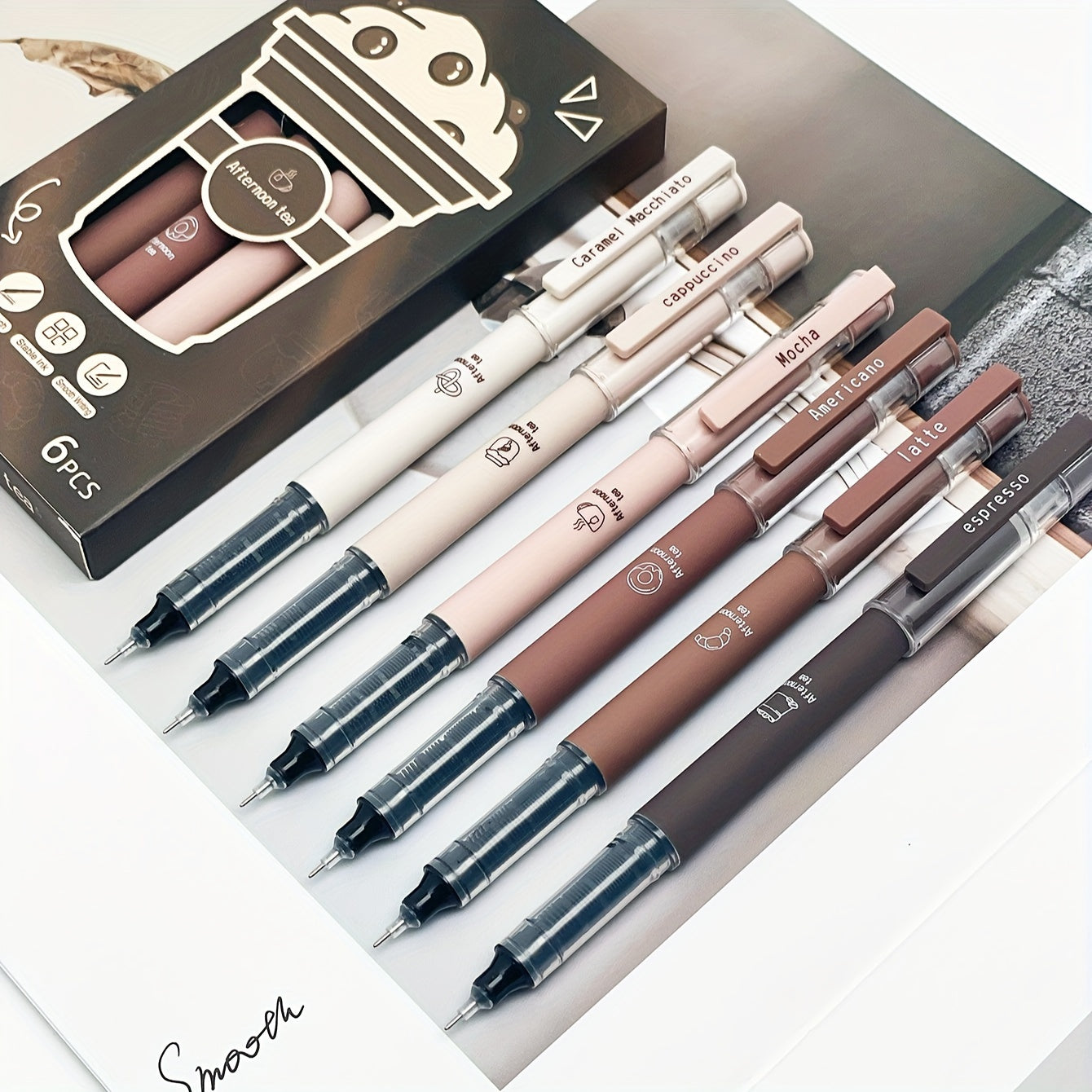6/8 Coffee Theme Gel Pen Set Quick-Drying No Smudge for Note Taking Drawing Office