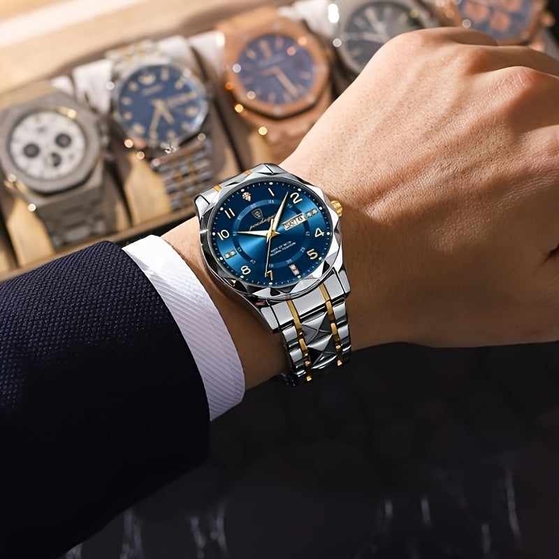 Men's Quartz Watch Water-Resistant 20m Alloy Case Stainless Steel Strap Business Style