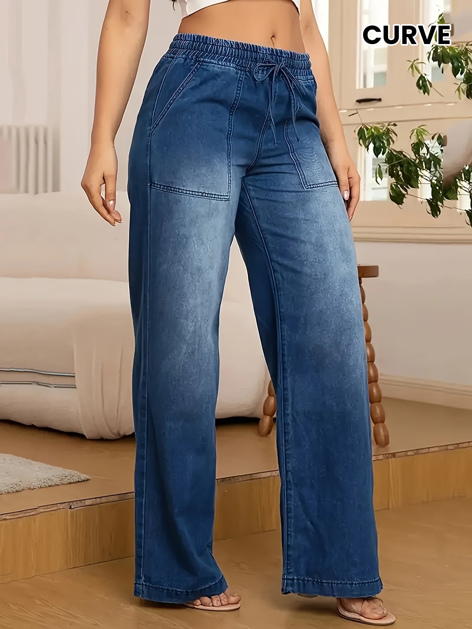 Women High Waist Wide Leg Denim Pants Solid Color All-Season Floor-Length