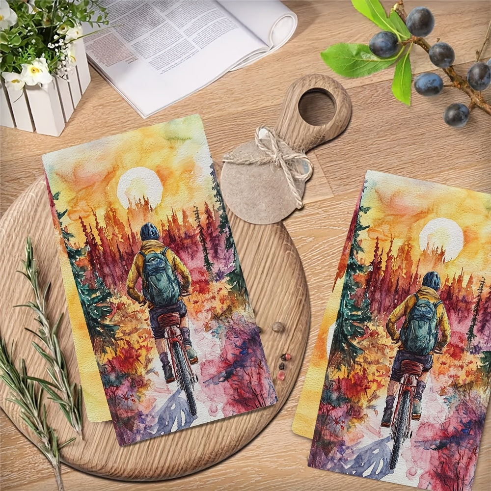 Set of 2 Vibrant Bicycle Adventure Kitchen Towels 40x60cm Absorbent Machine Washable