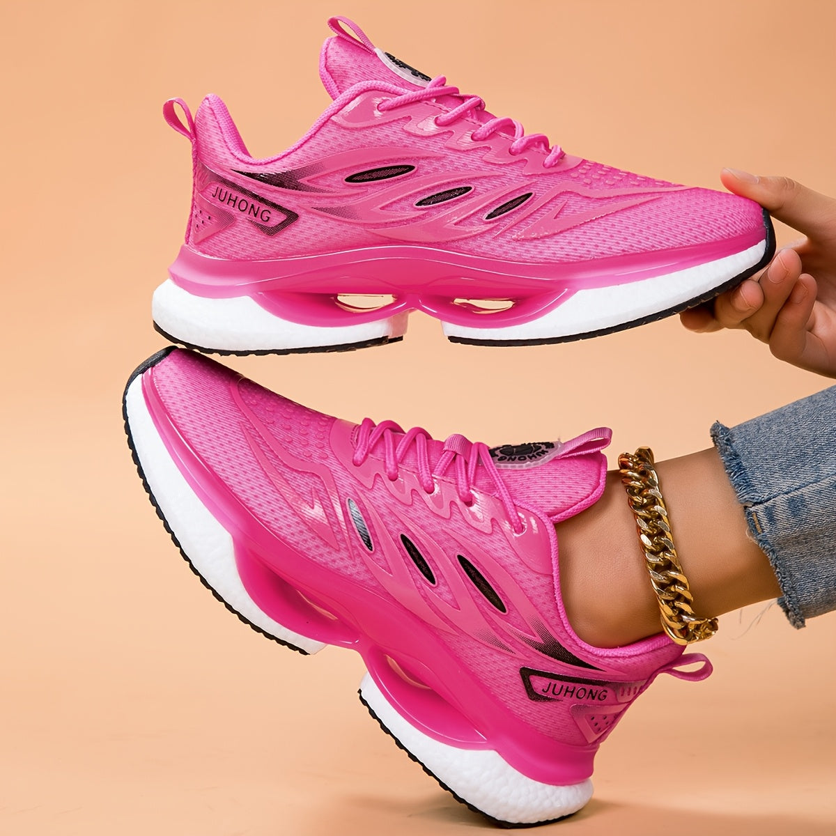 Ayollar uchun tarmoqdan tikilgan yugurish poyafzallari, pushti, nafas oladigan, sirg‘alishga qarshi, yostiqlangan trenerlar