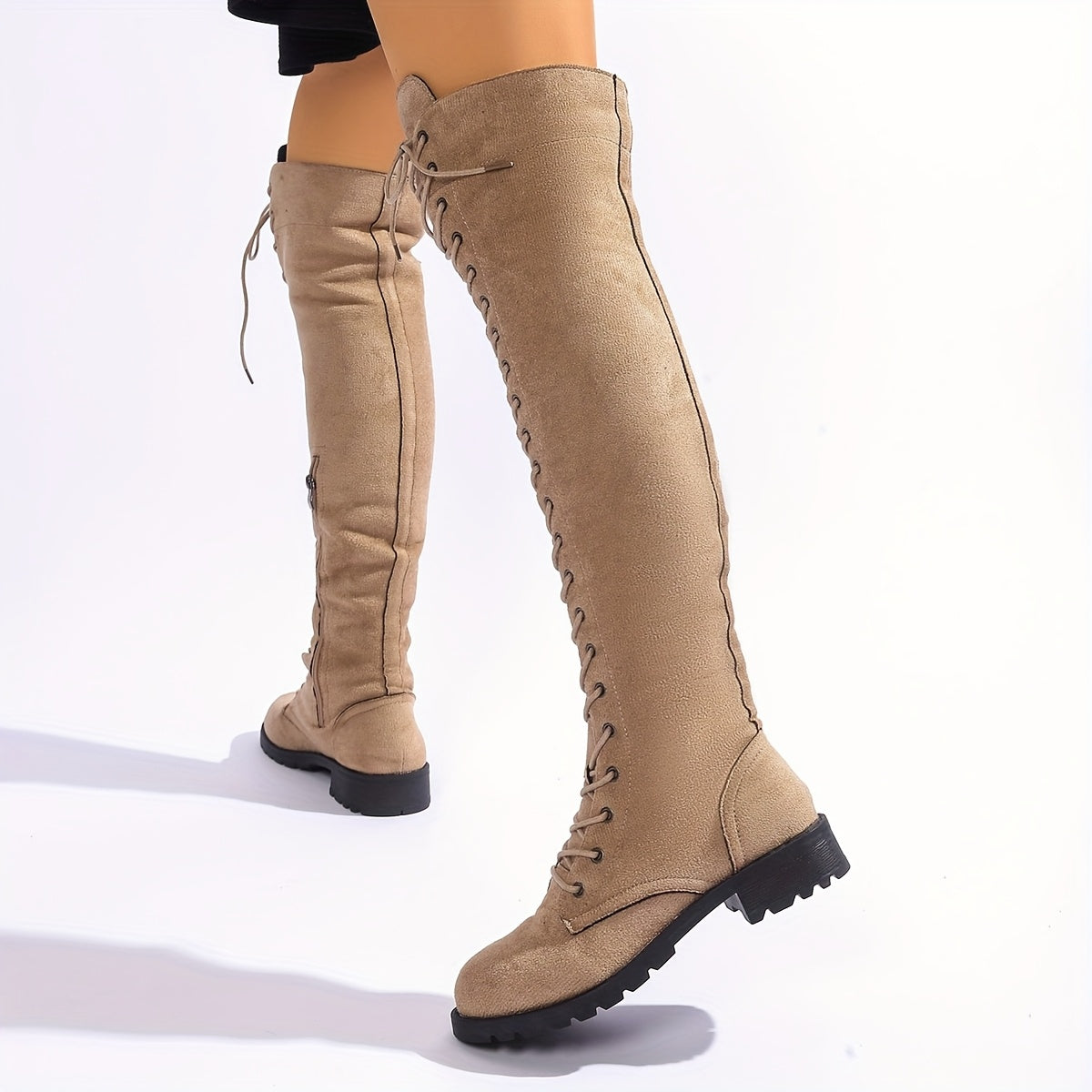 Women Over-the-Knee Lace-Up Boots Beige Tan Blush All-Season Casual Formal