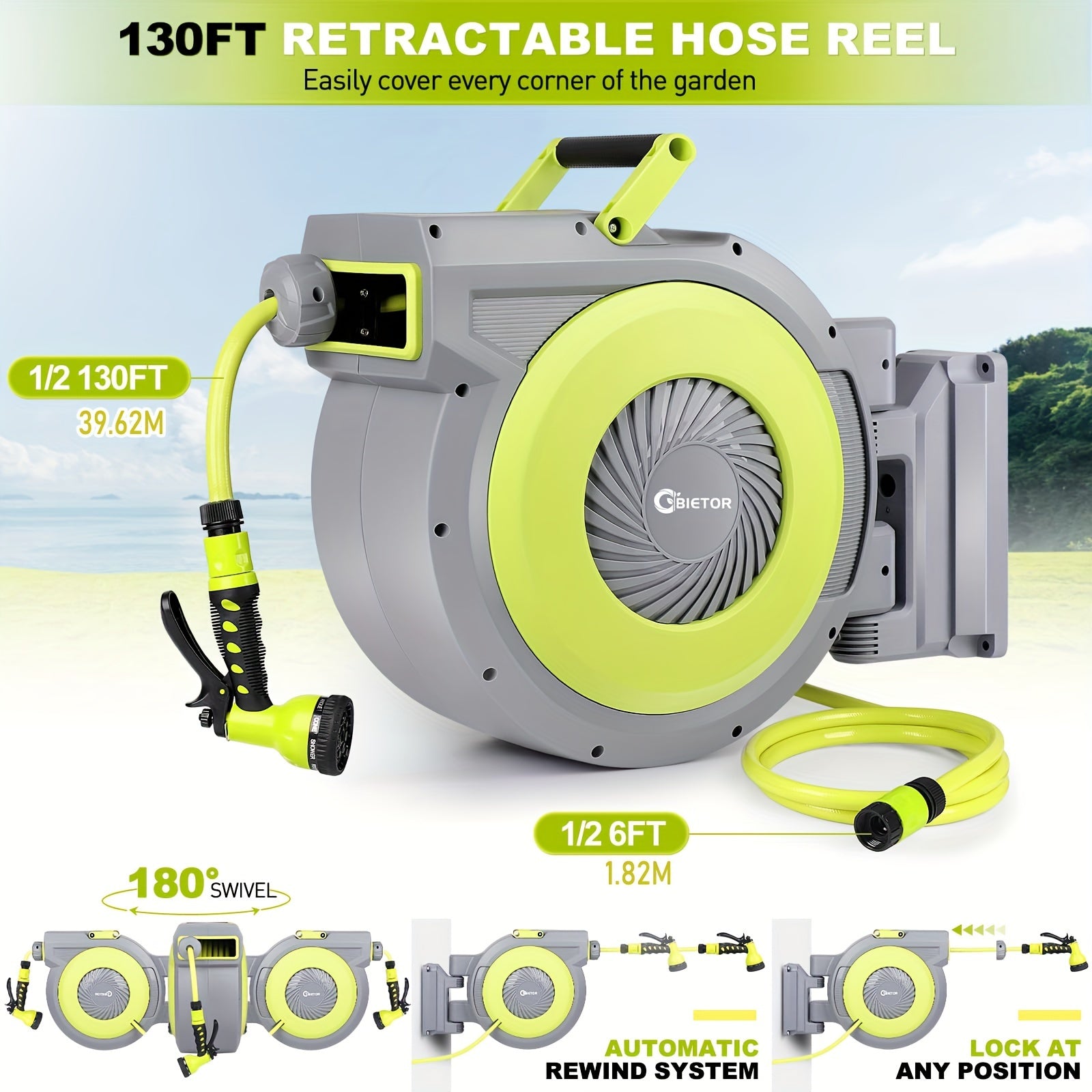 Retractable Garden Hose Reel 130ft Vinyl Hose 1/2 Inch Connector 9-Pattern Nozzle