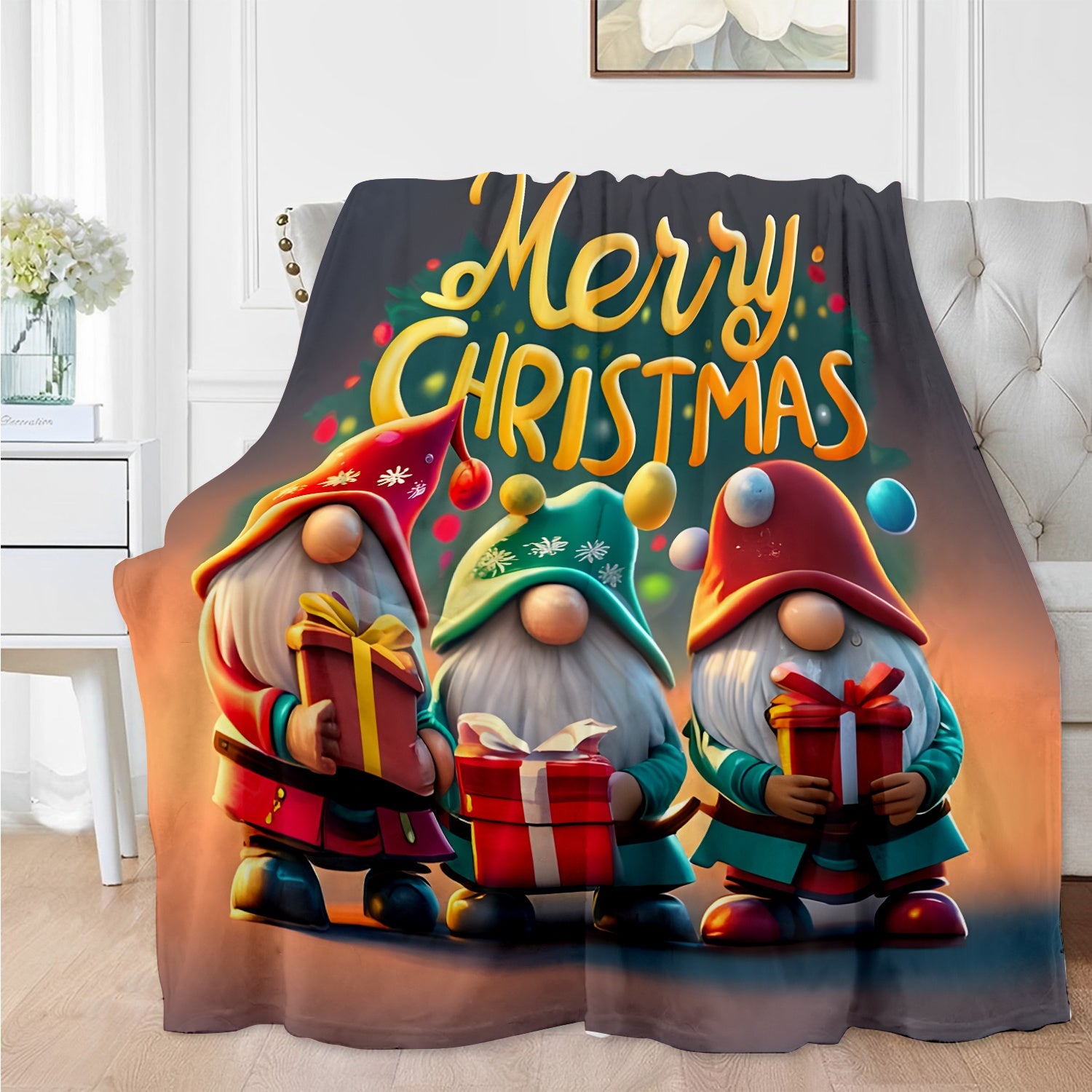 Printed Christmas Gnome Blanket for Sofa Bed Camping Light Polyester 200-250g