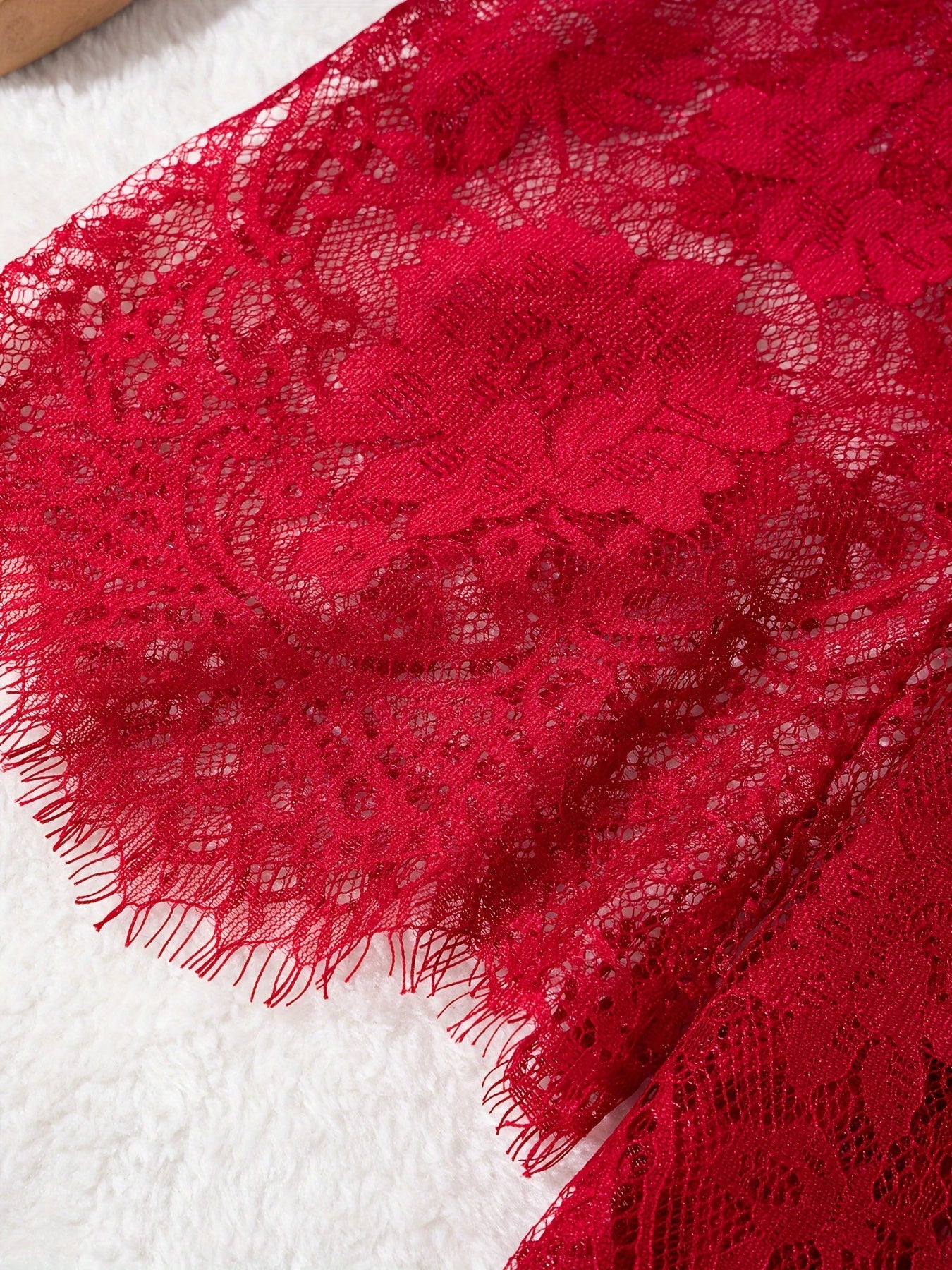 Red Lace Nightgown for Women with Tie Belt and Long Sleeves