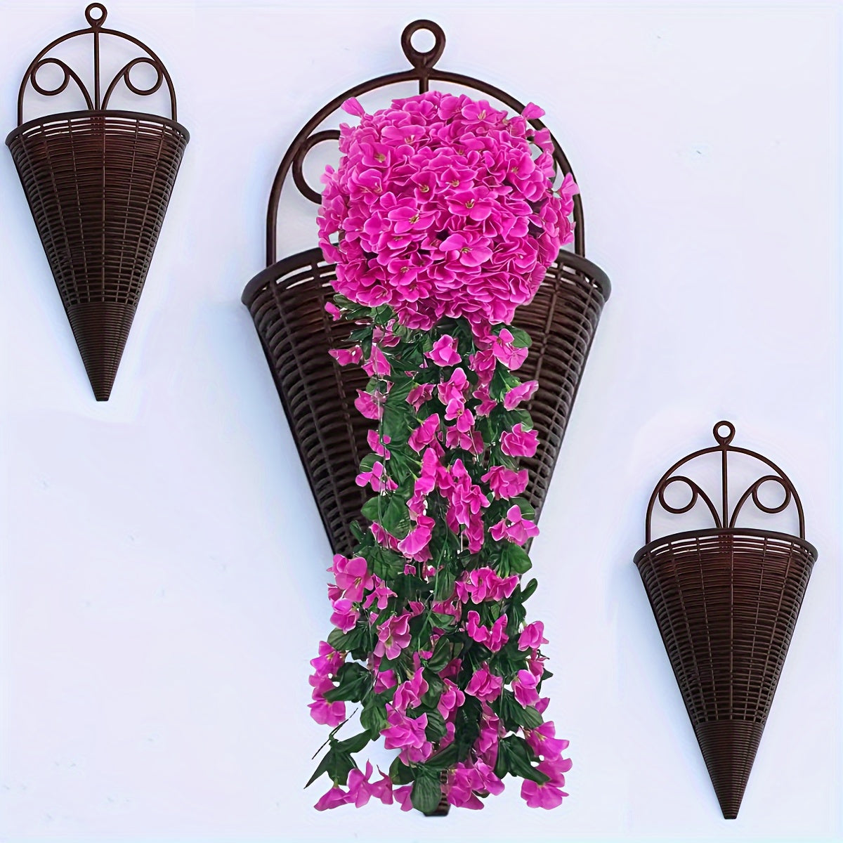 Set of 2/4 Woven Rattan Wall Flower Baskets with Triangle Wall Art Indoor Decor
