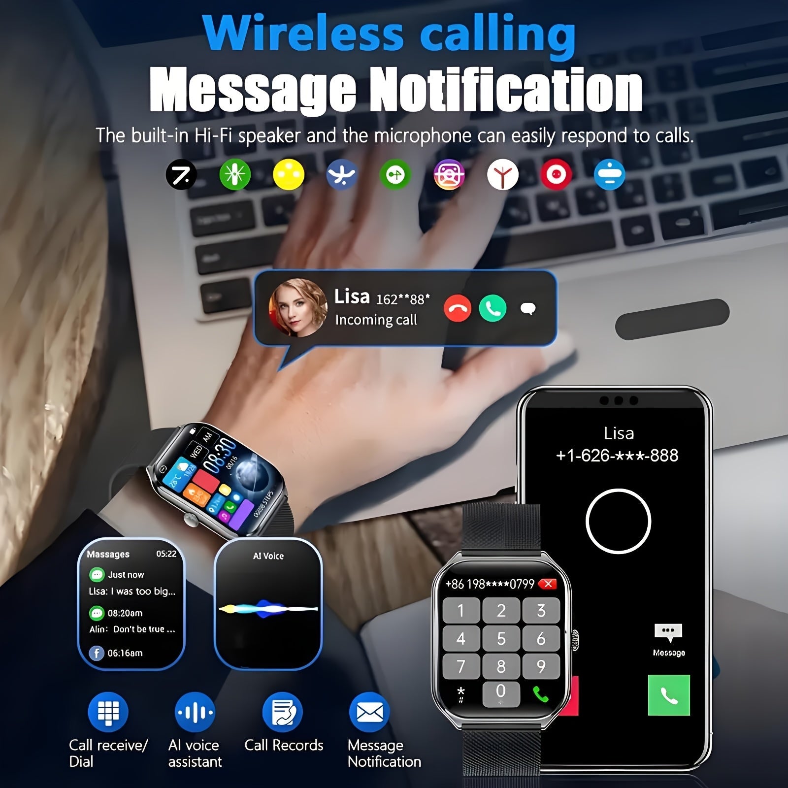 Ultra-Thin AMOLED Smartwatch with Wireless Calling Fitness Tracker Water-Resistant Silicone Strap