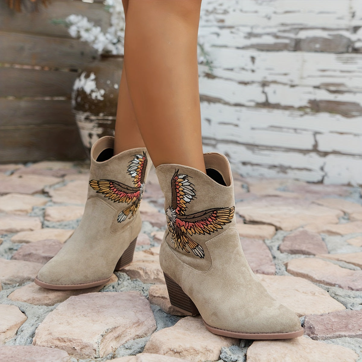 Women's Vintage Leather Riding Boots with Animal Print Eagle Mid-Calf Slip-On