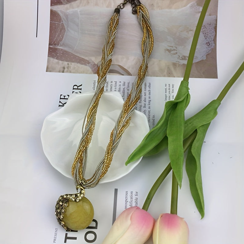 Vintage Alloy Peacock Leaf Gemstone Pendant Necklace Boho-Chic Jewelry