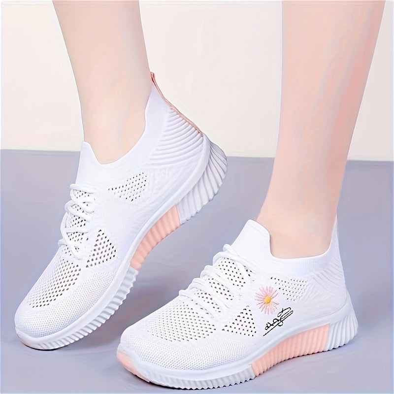 Women's Fabric Platform Sneakers with Flower Pattern Casual Lace-Up Low Top All-Season