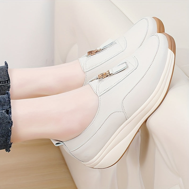 Women’s Zipper Sneakers White Brown Two-Tone Casual Shoes