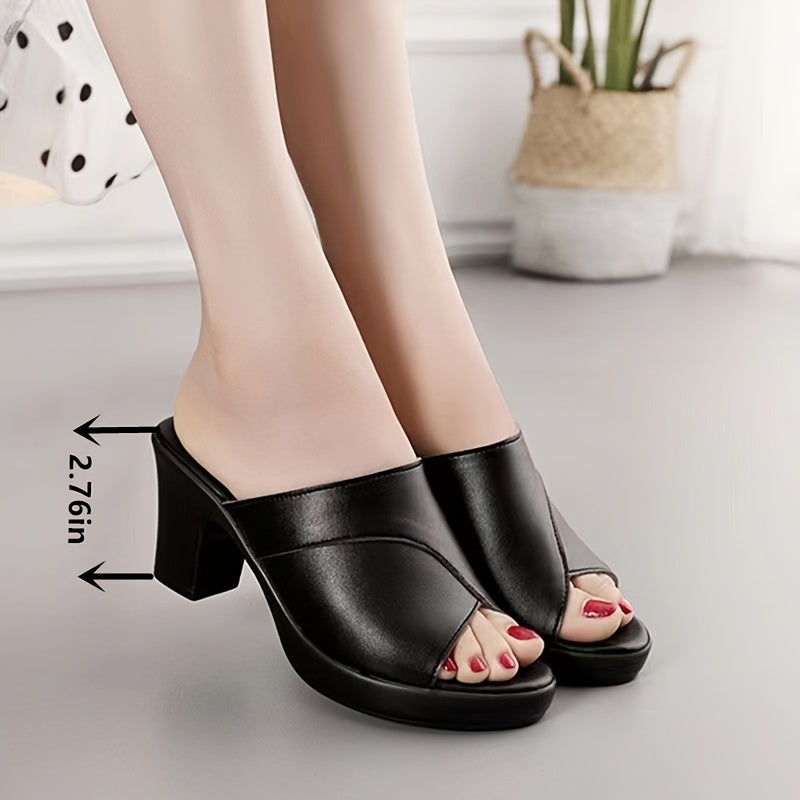 Women's Black Peep-Toe Sandals with Block Heel and Slip-On Design