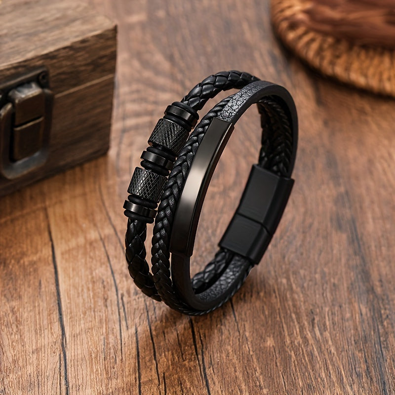 Men's Black Leather Bracelet Stainless Steel Magnetic Closure Punk Style Accessories