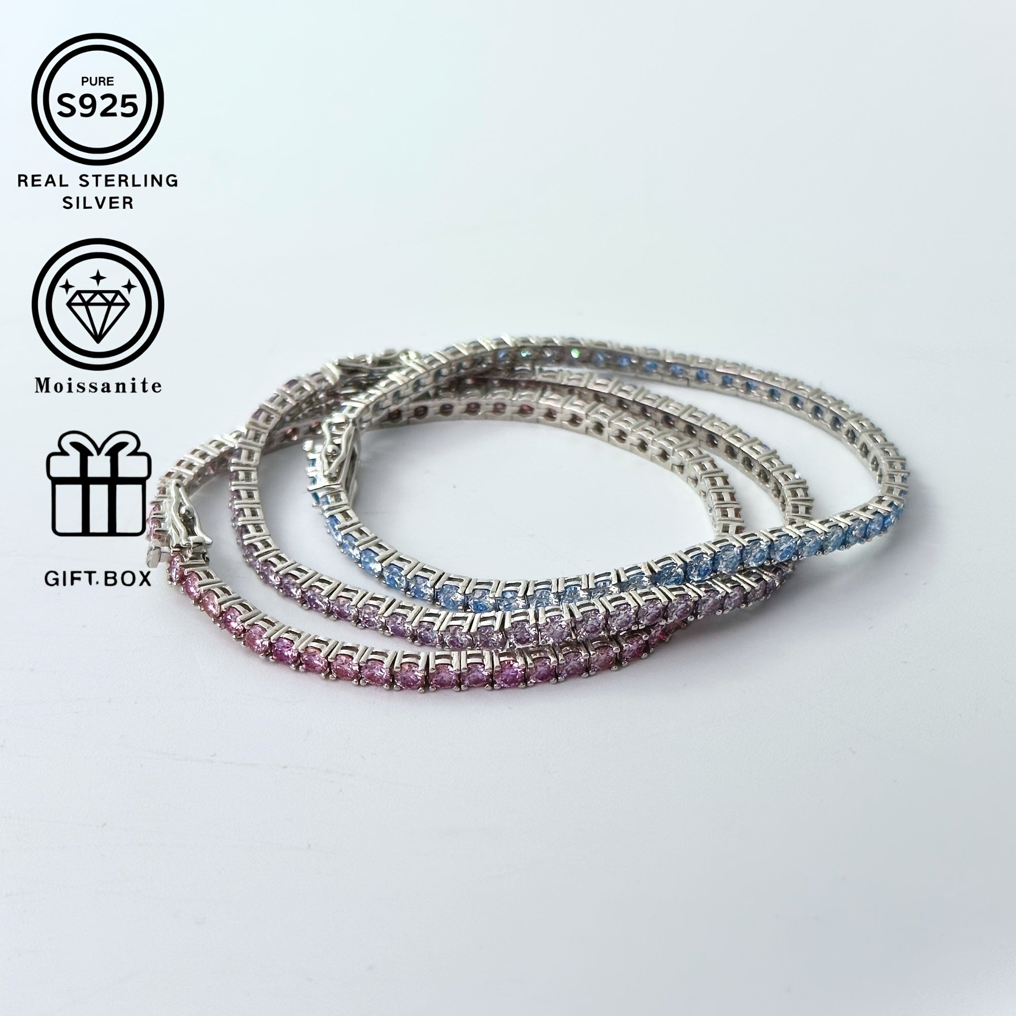 Silver Tennis Bracelet for Women Men Moissanite Pink Purple Blue Jewelry Gift