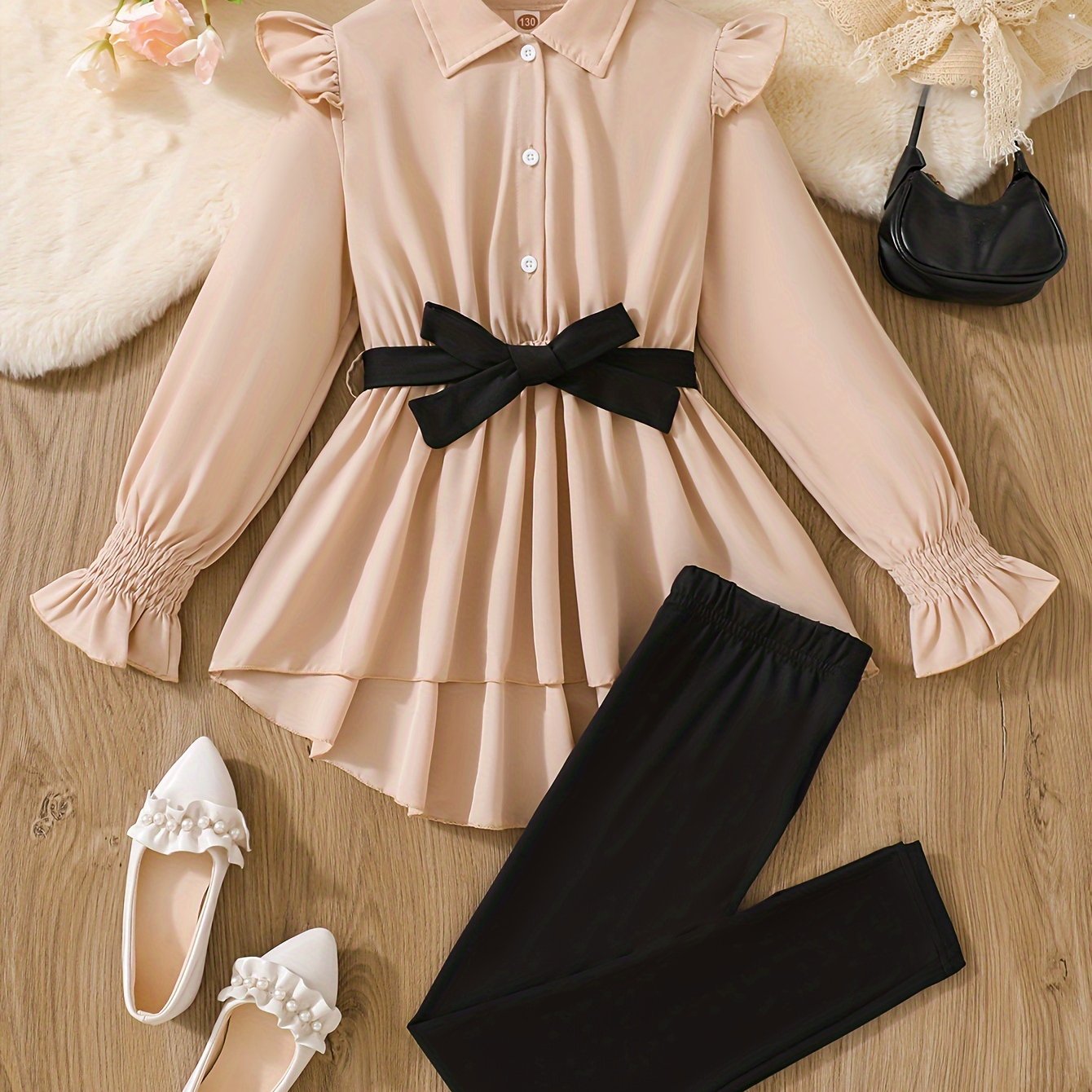 Girls' 12 and Under Apricot Peplum Blouse and Solid Pants Set for Spring Fall Outdoor Wear